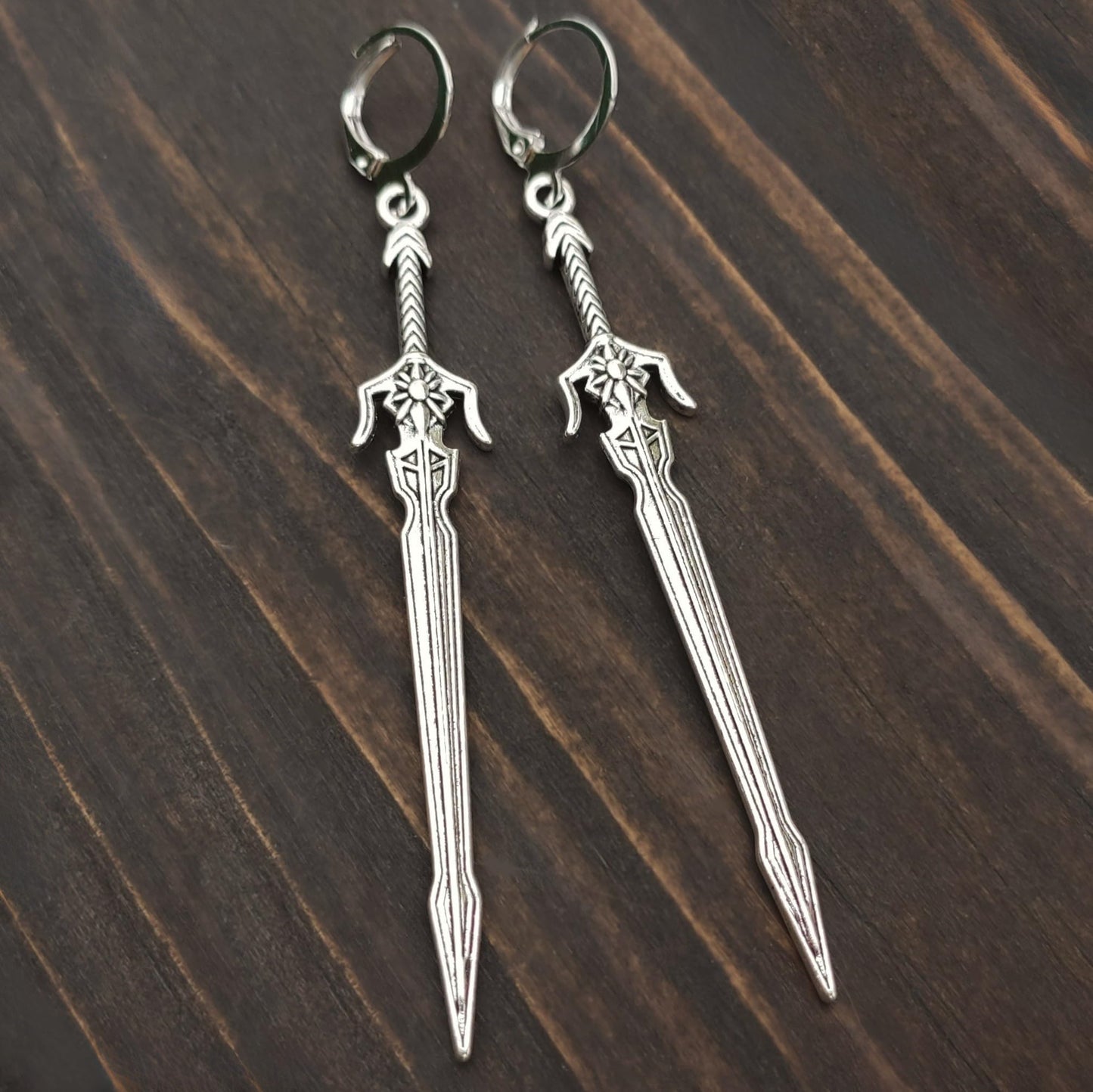 7cm Silver sword earrings with hoops, Handmade fantasy jewelry, Cool gift idea