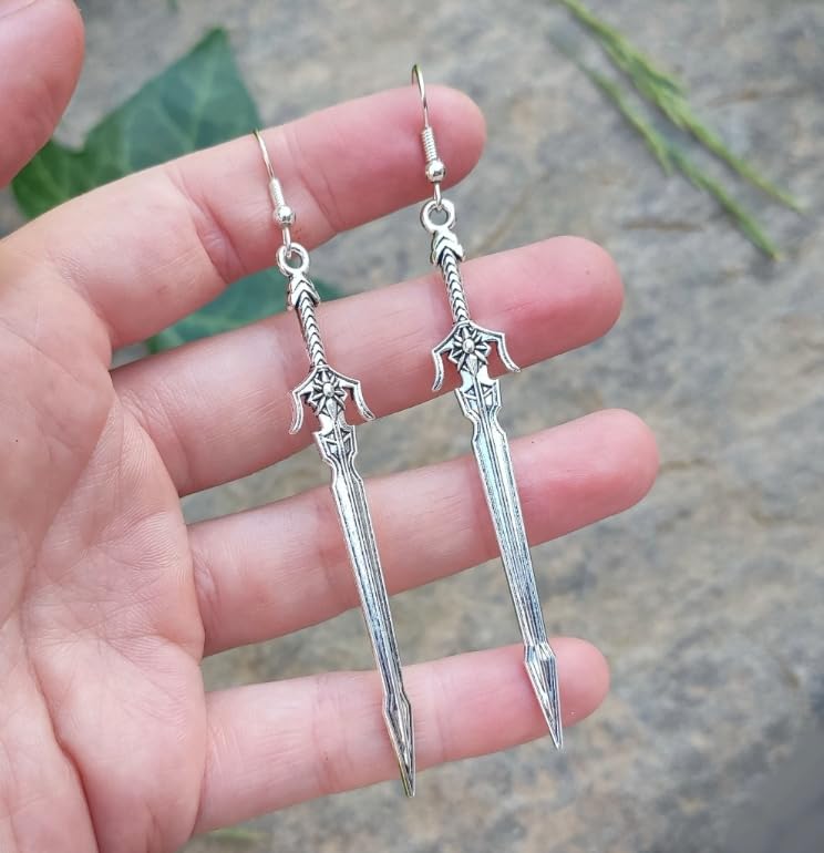 7cm Silver sword earrings with hoops, Handmade fantasy jewelry, Cool gift idea