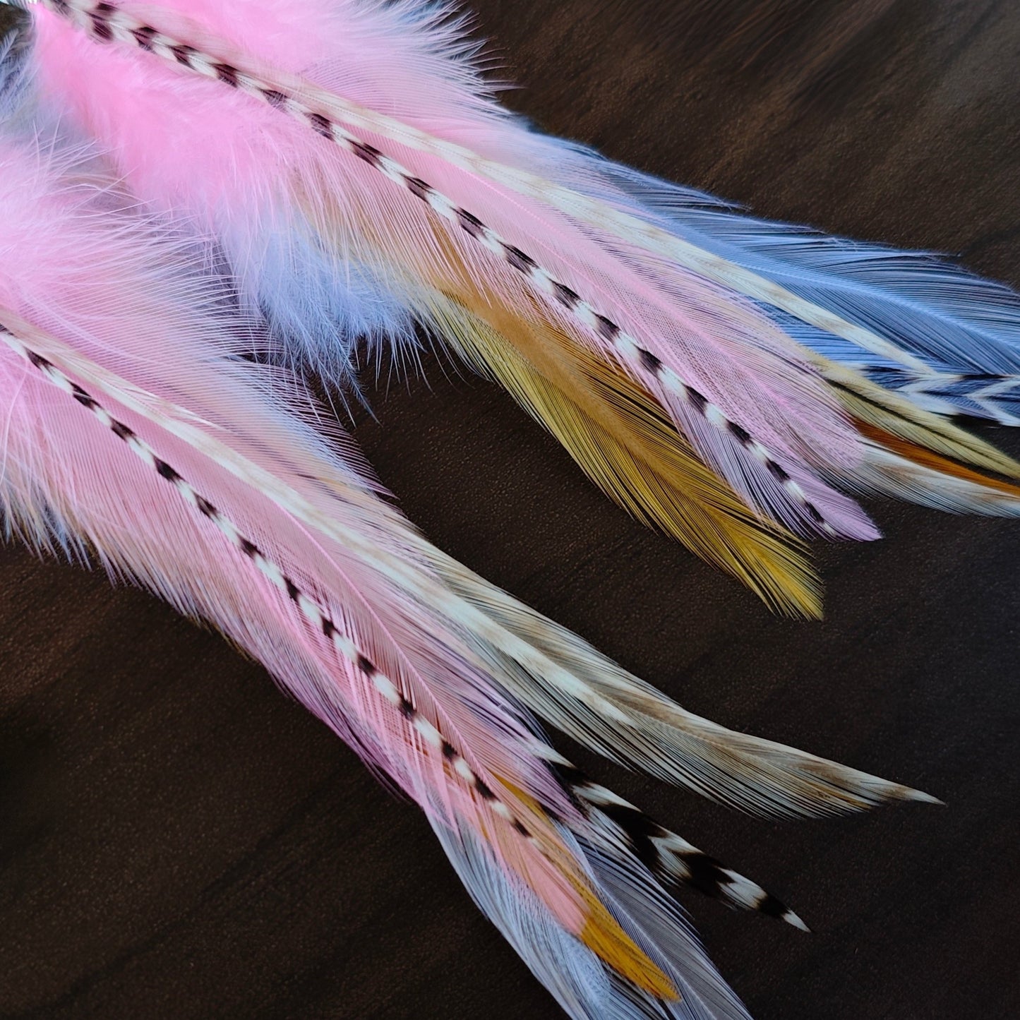 A close up of pink, white, tan colour feathers