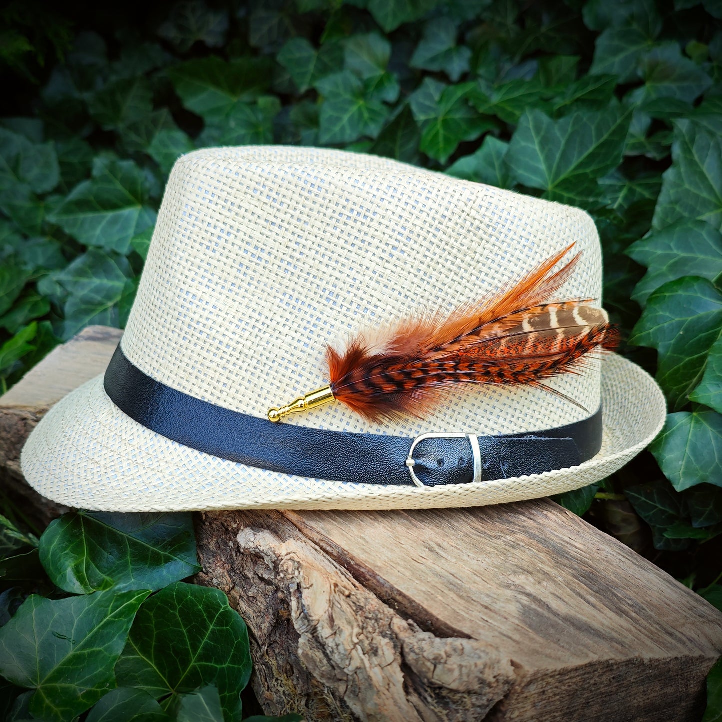 A stripy red brown, orange and beige feather hat pin with gold pin on a light cream fedora straw hat. Hipster style. Green leaves in the background.