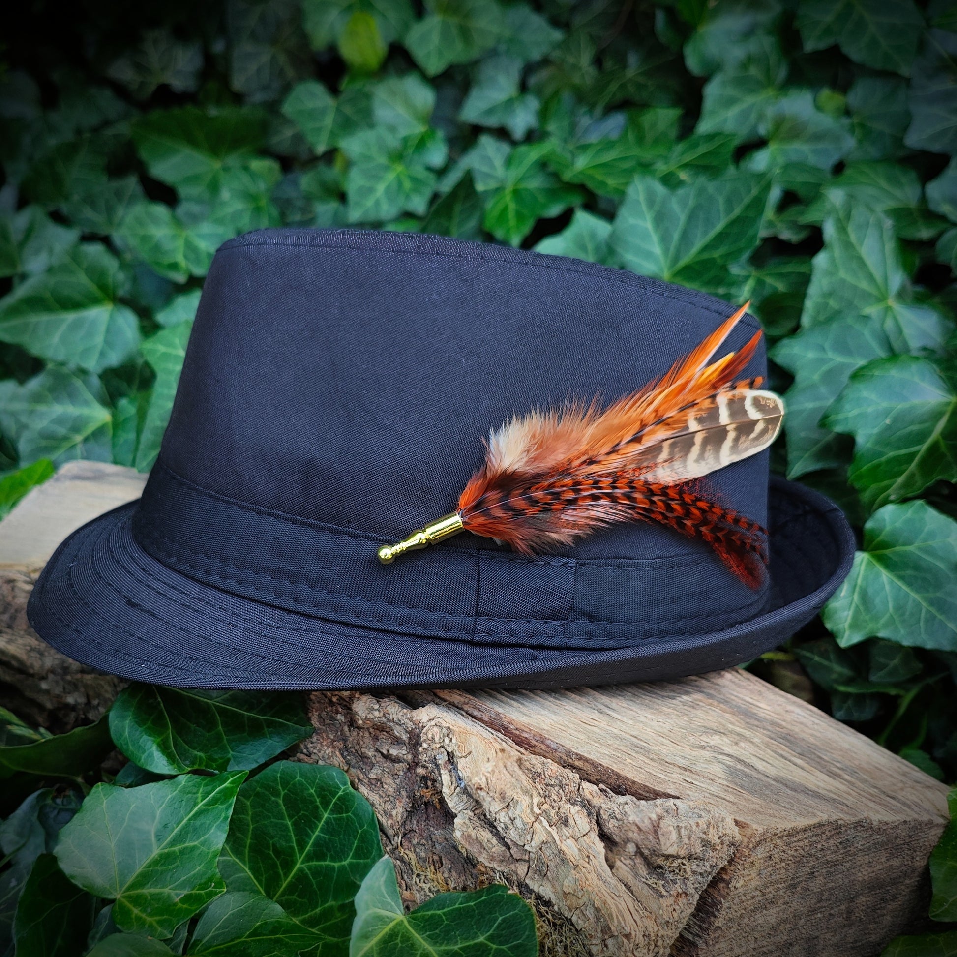 A stripy red brown, orange and beige feather hat pin with gold pin on a black bowler fedora hat. Rustic bohemian style. Green leaves in the background.