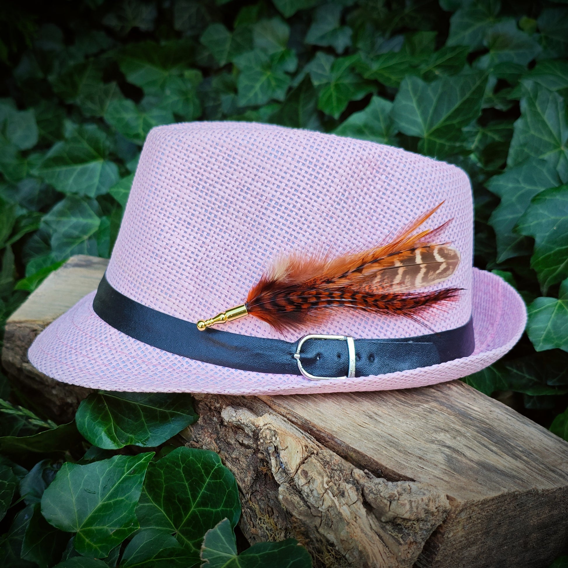 A stripy red brown, orange and beige feather hat pin with gold pin on a light baby pink trilby fedora hat. Cute hippy style. Green leaves in the background.