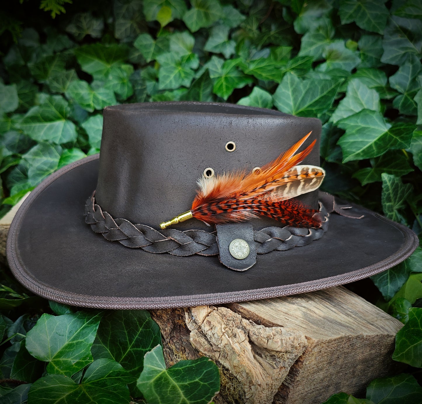 A stripy red brown, orange and beige feather hat pin with gold pin on a brown leather cowboy hat. Vintage western style. Green leaves in the background.
