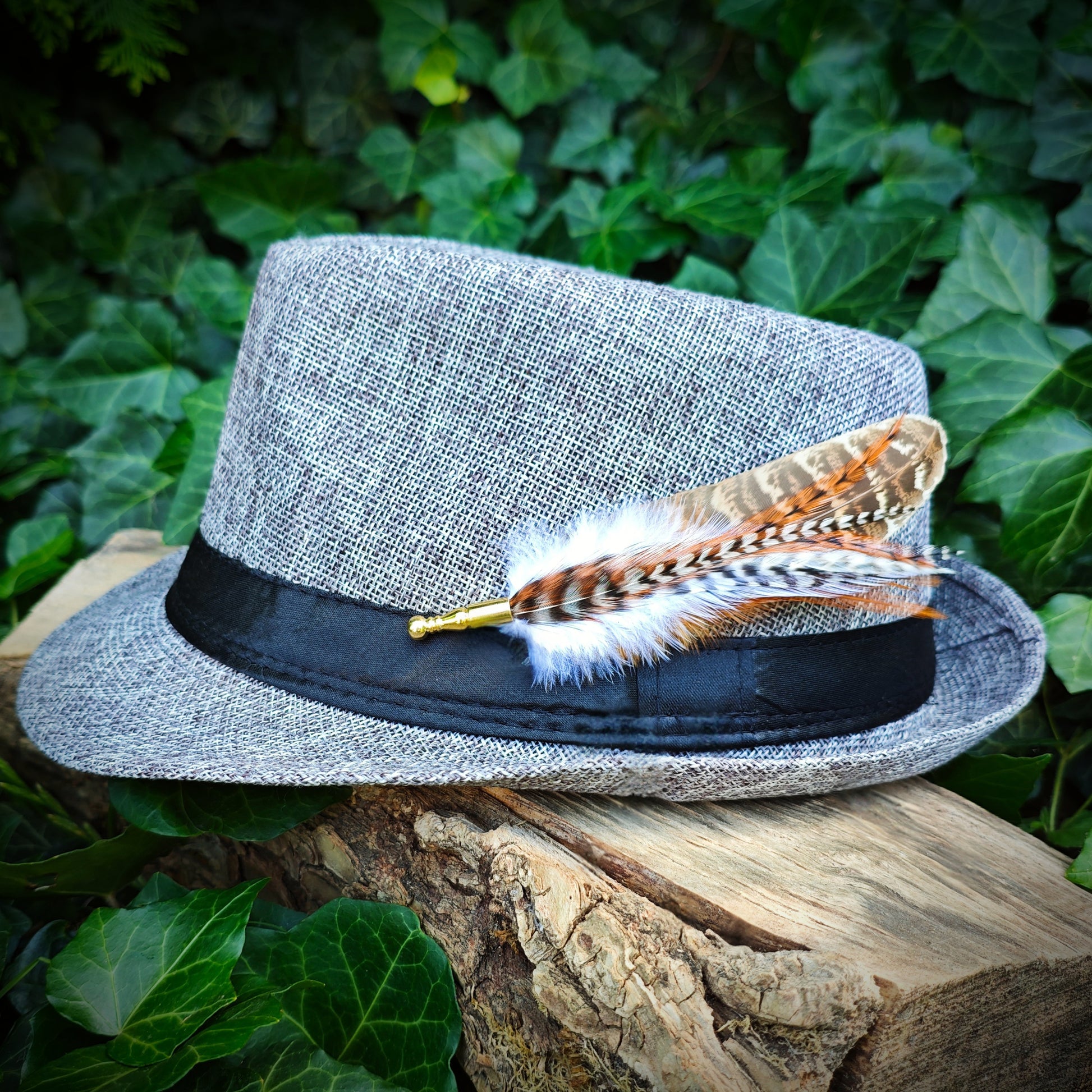 Gray fedora hat with a rustic and boho stripy feather hat pin with green foliage in the background