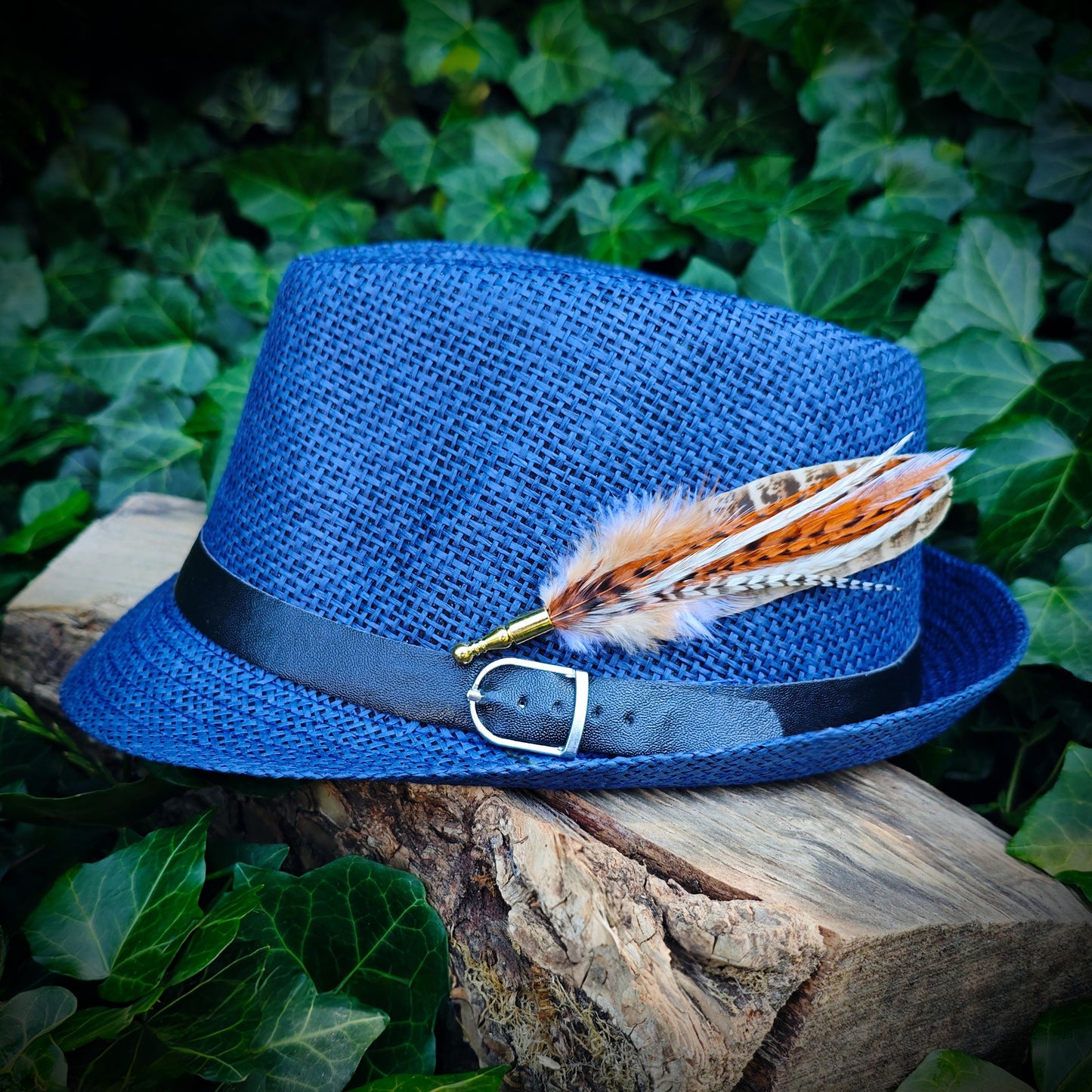 A stripy brown, orange and white feather hat pin on a blue fedora trillby hat with a gold pin. Green leaves in the background.