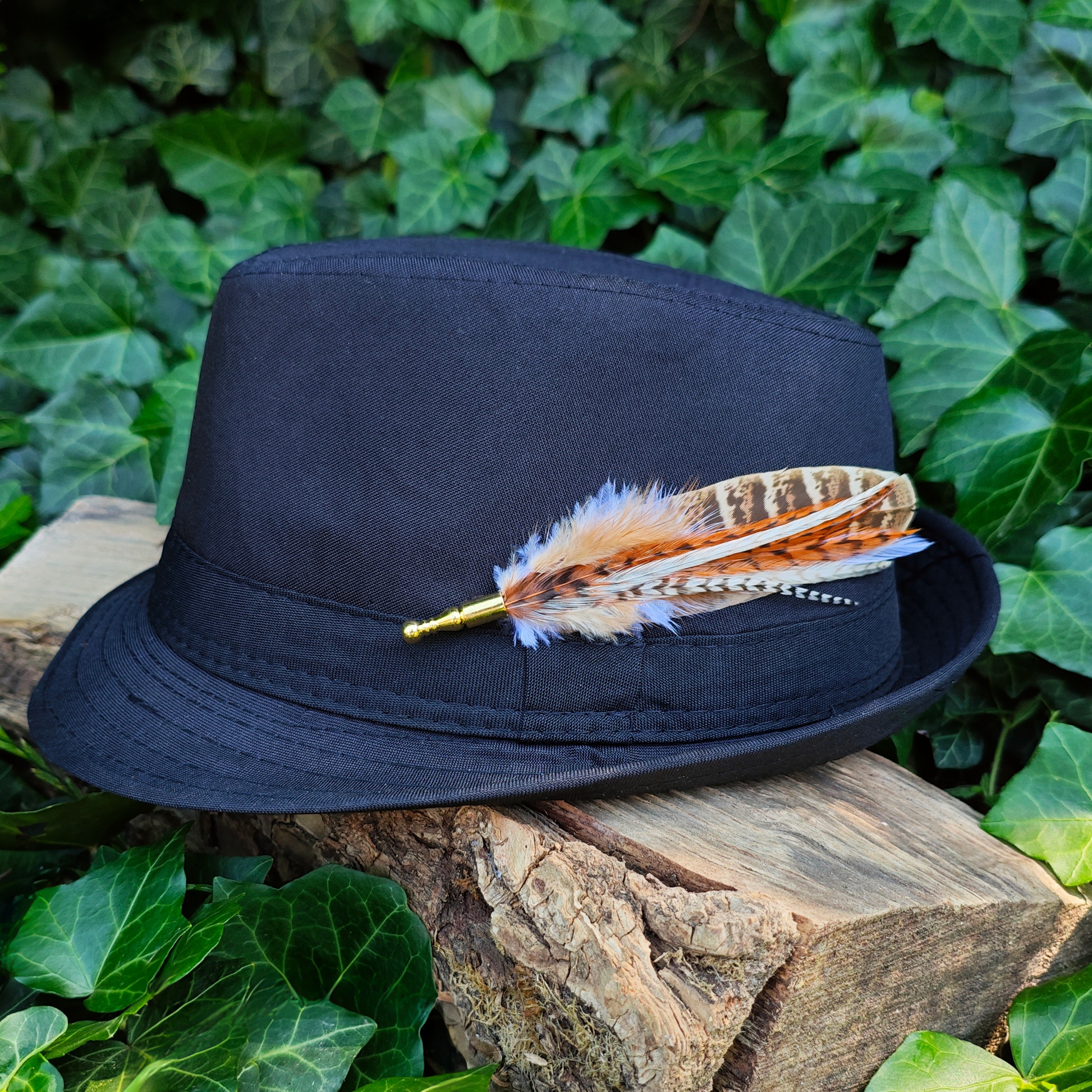 A stripy brown, orange and white feather hat pin on a black bowler hat with a gold pin. Green leaves in the background.