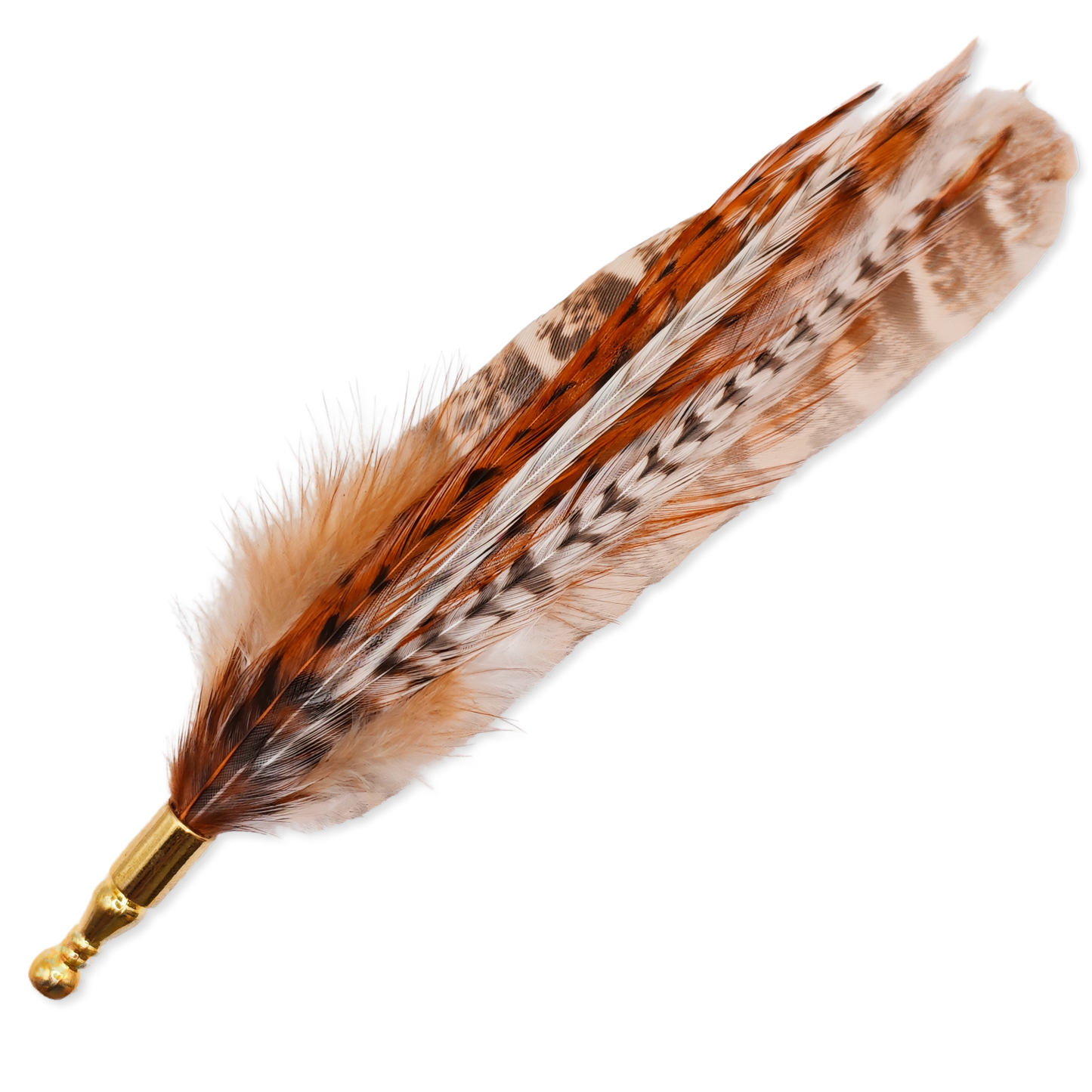 A funky stripy brown, orange and white feather hat pin.