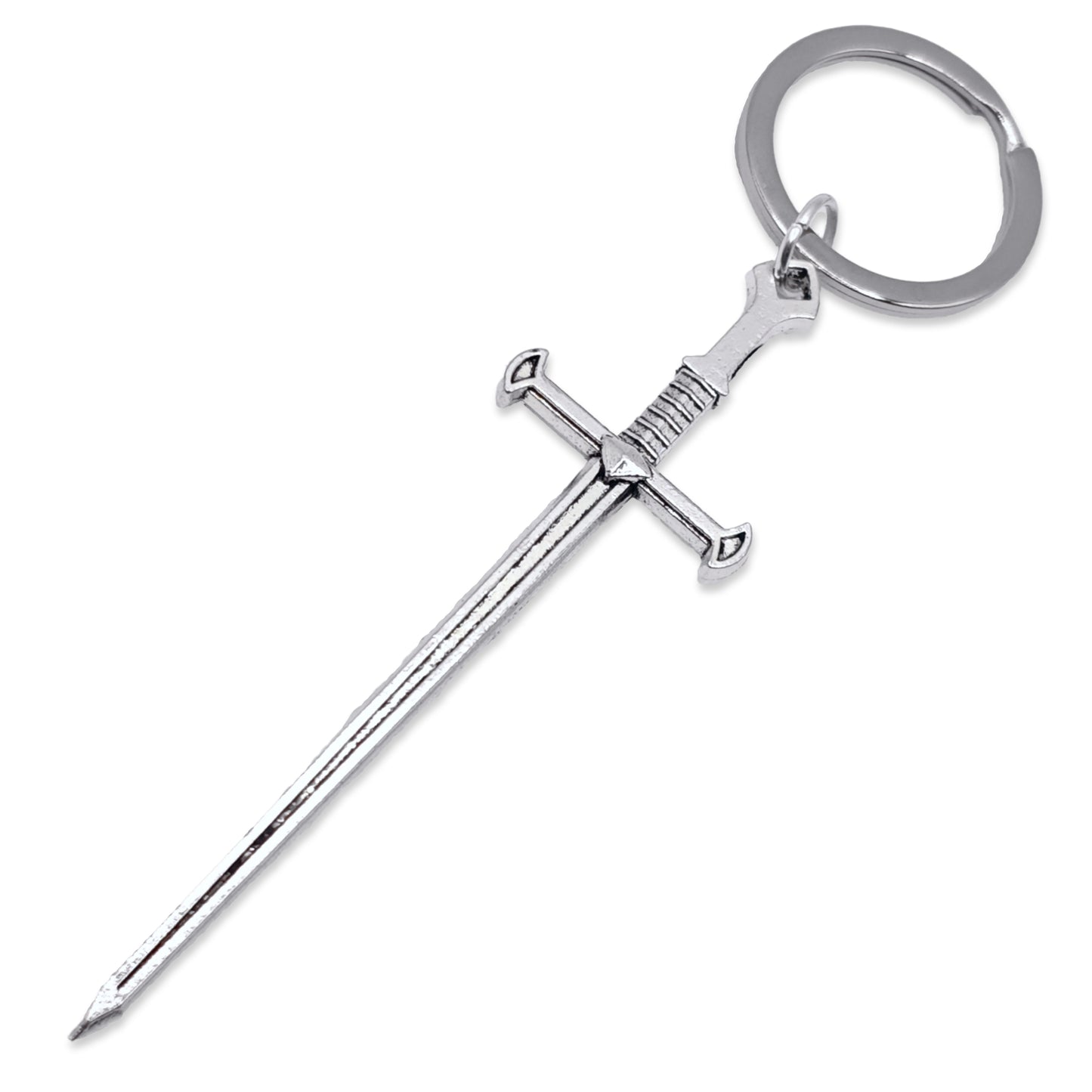 Silver sword-shaped keychain on a white background