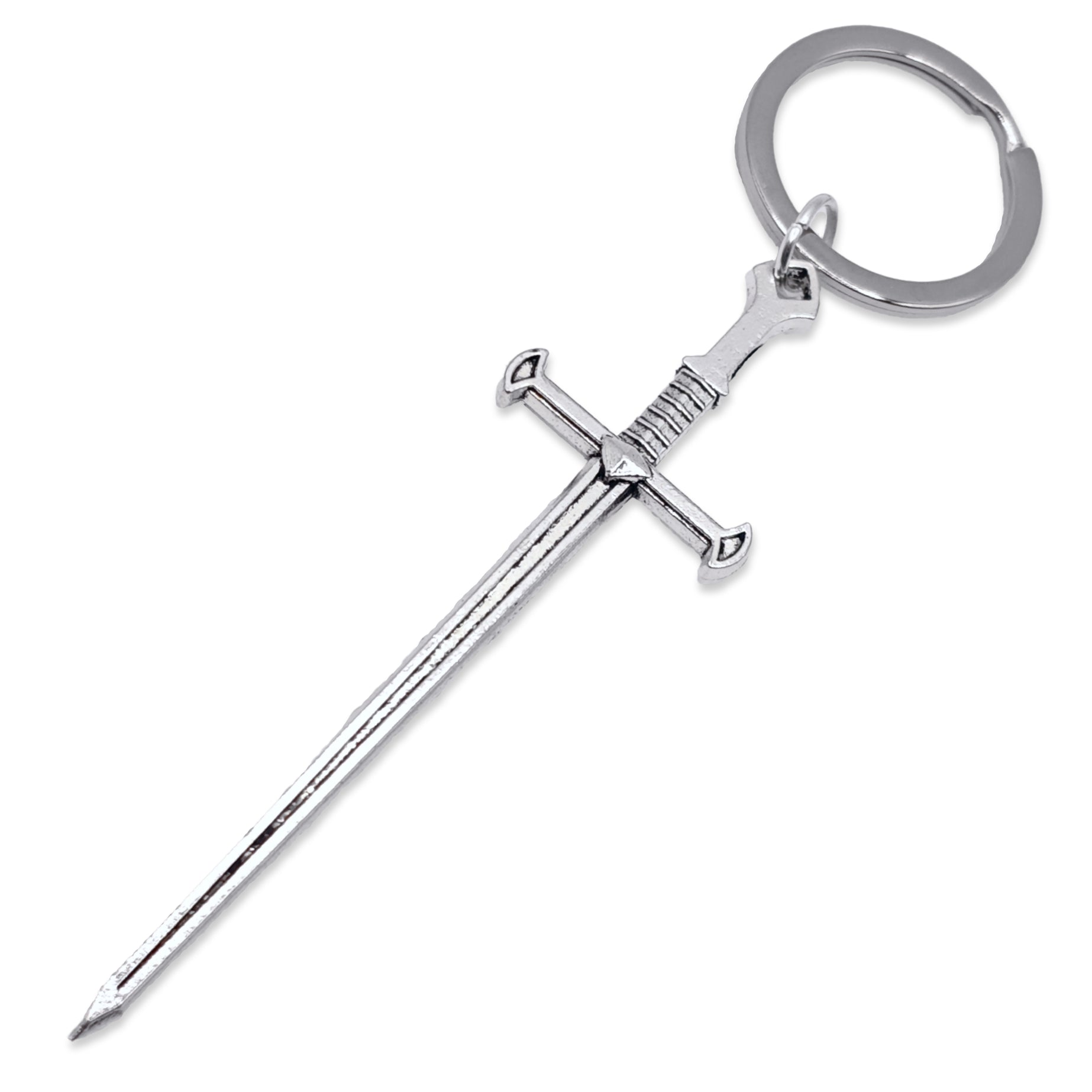 Silver sword-shaped keychain on a white background
