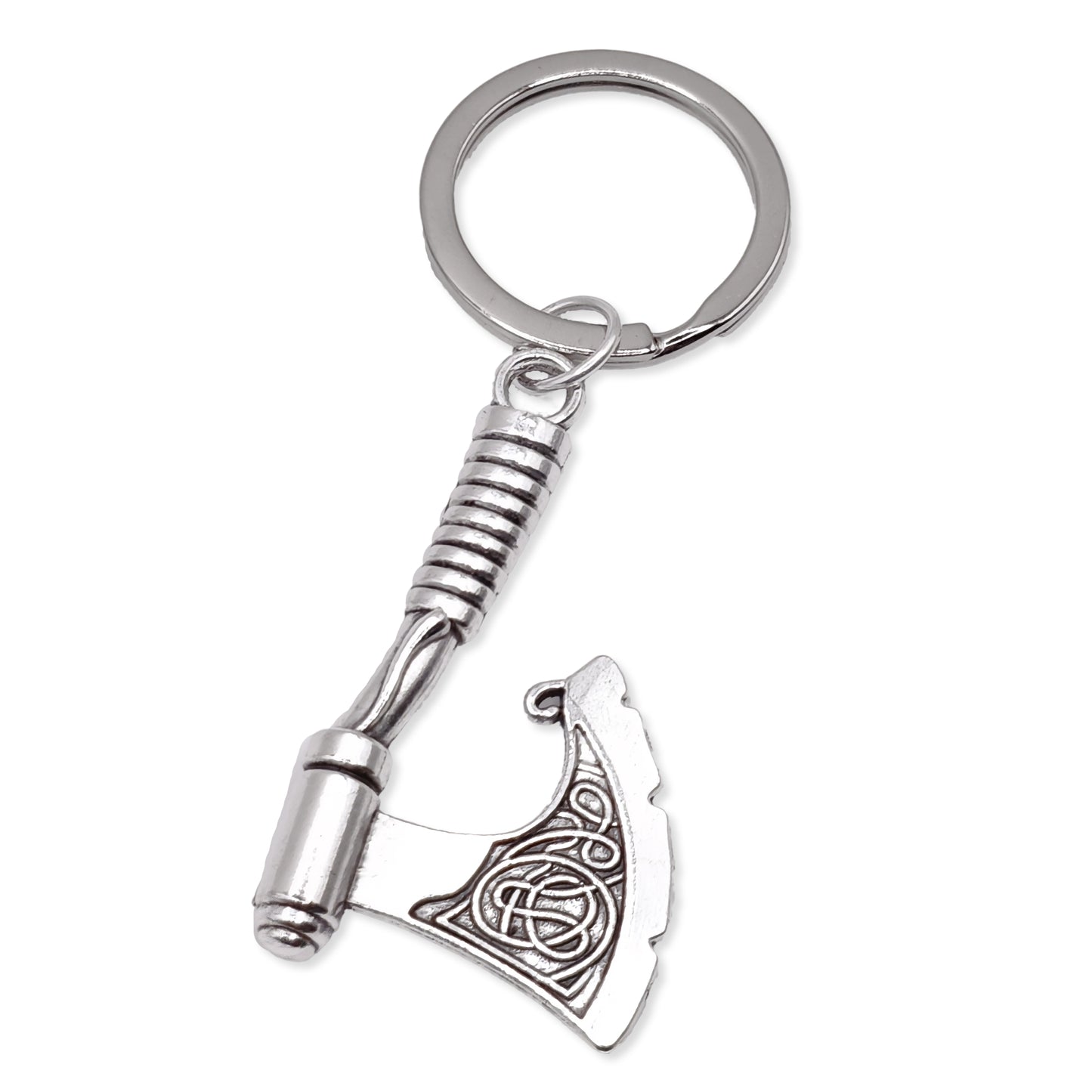 Metal keychain with axe design on a white background