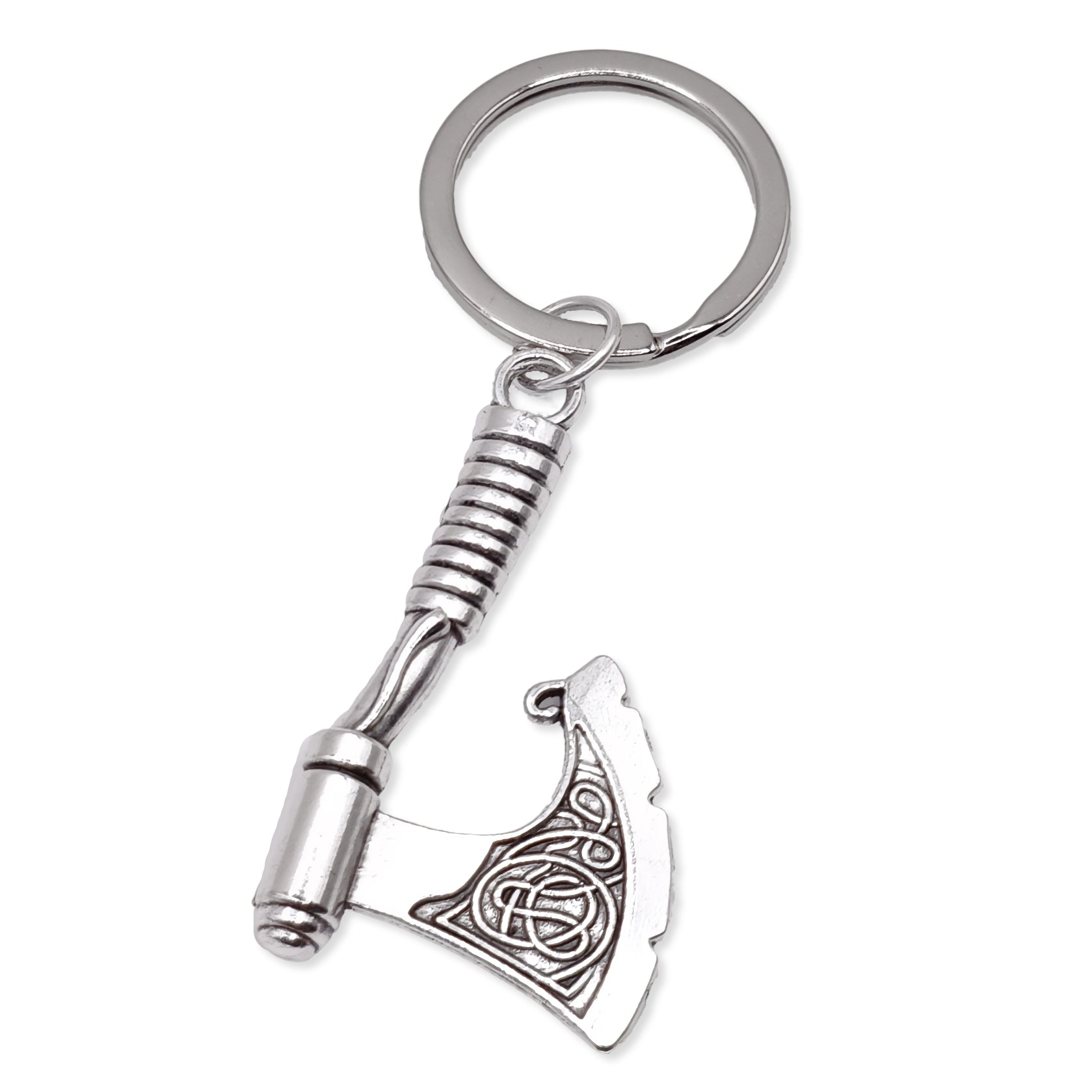 Metal keychain with axe design on a white background