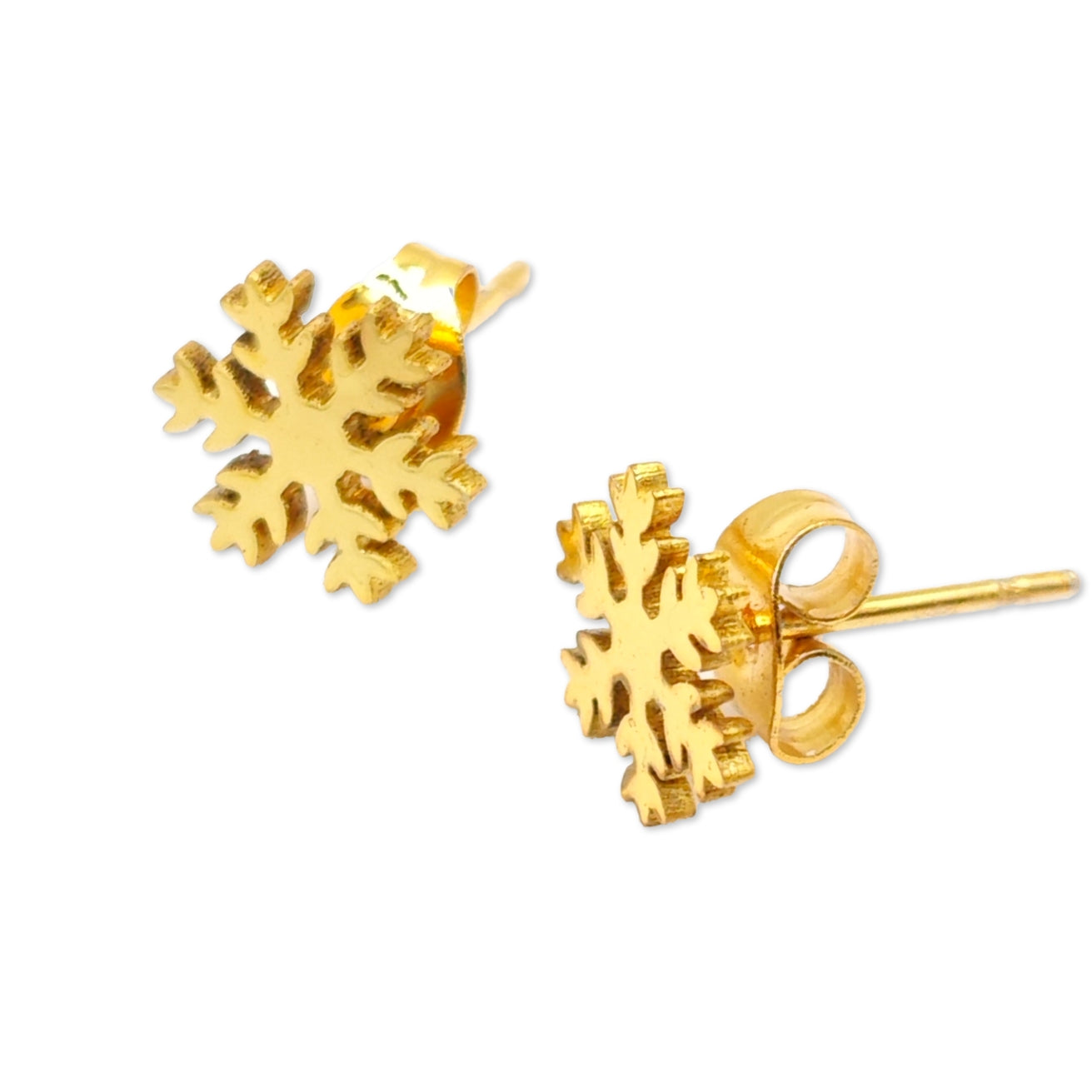 Gold snowflake earrings on a white background