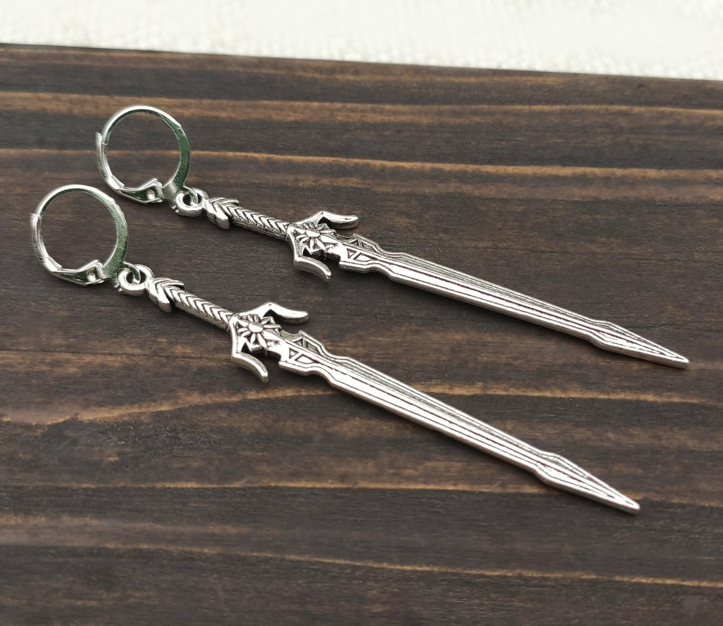 7cm Silver sword earrings with hoops, Handmade fantasy jewelry, Cool gift idea