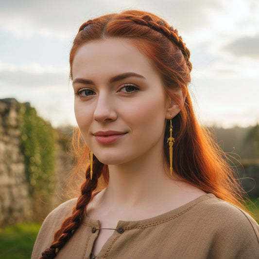 Woman with red hair wearings long gold sword earrings. Rustic medieval fantasy style