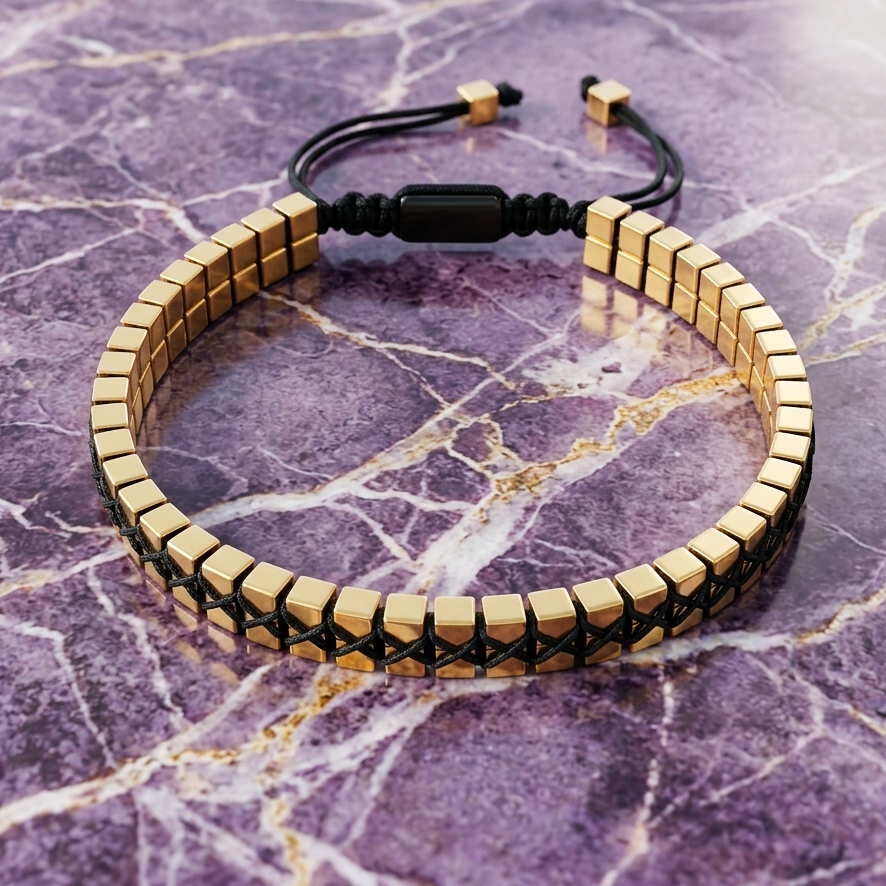 Men’s Hematite Bracelet – Gold Cube Bead and Woven Adjustable Cord – Robust, Sturdy & Modern