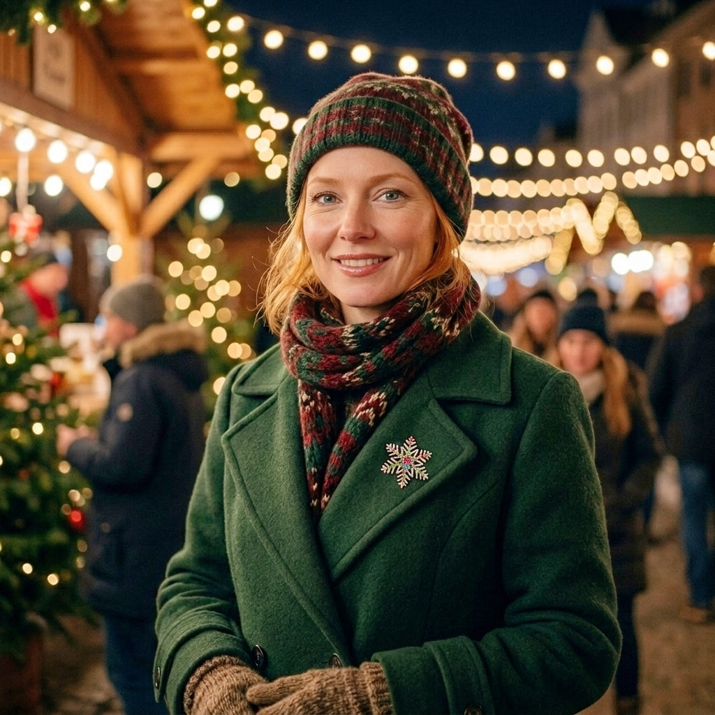A woman at a festive Christmas market wearing a dark green wool coat, a patterned knit beanie, and a matching scarf, with a colourful snowflake brooch on her coat lapel.