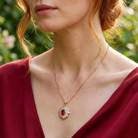 A close-up lifestyle shot of a woman wearing a delicate gold chain necklace with a circular pendant featuring a central red gemstone surrounded by small clear stones, set against a soft-focus green garden background.