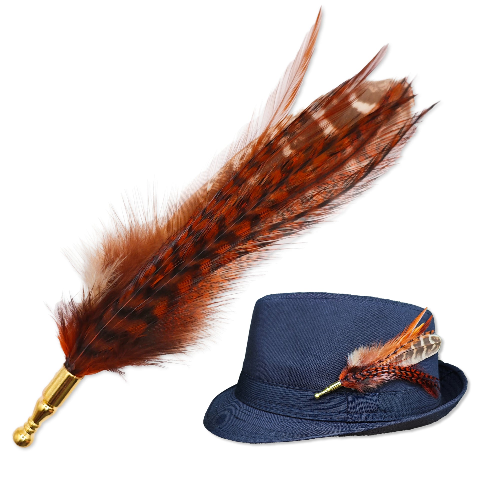 A stripy red brown, orange and beige feather hat pin with gold pin.