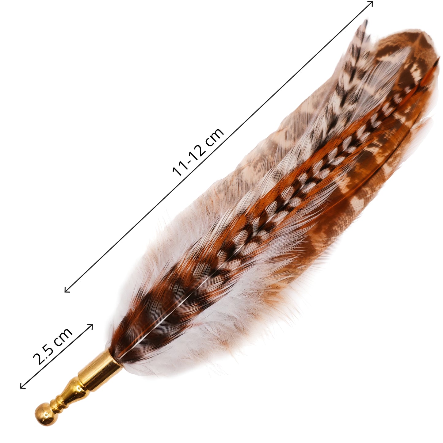 Feather hat pin with measurement details on a white background