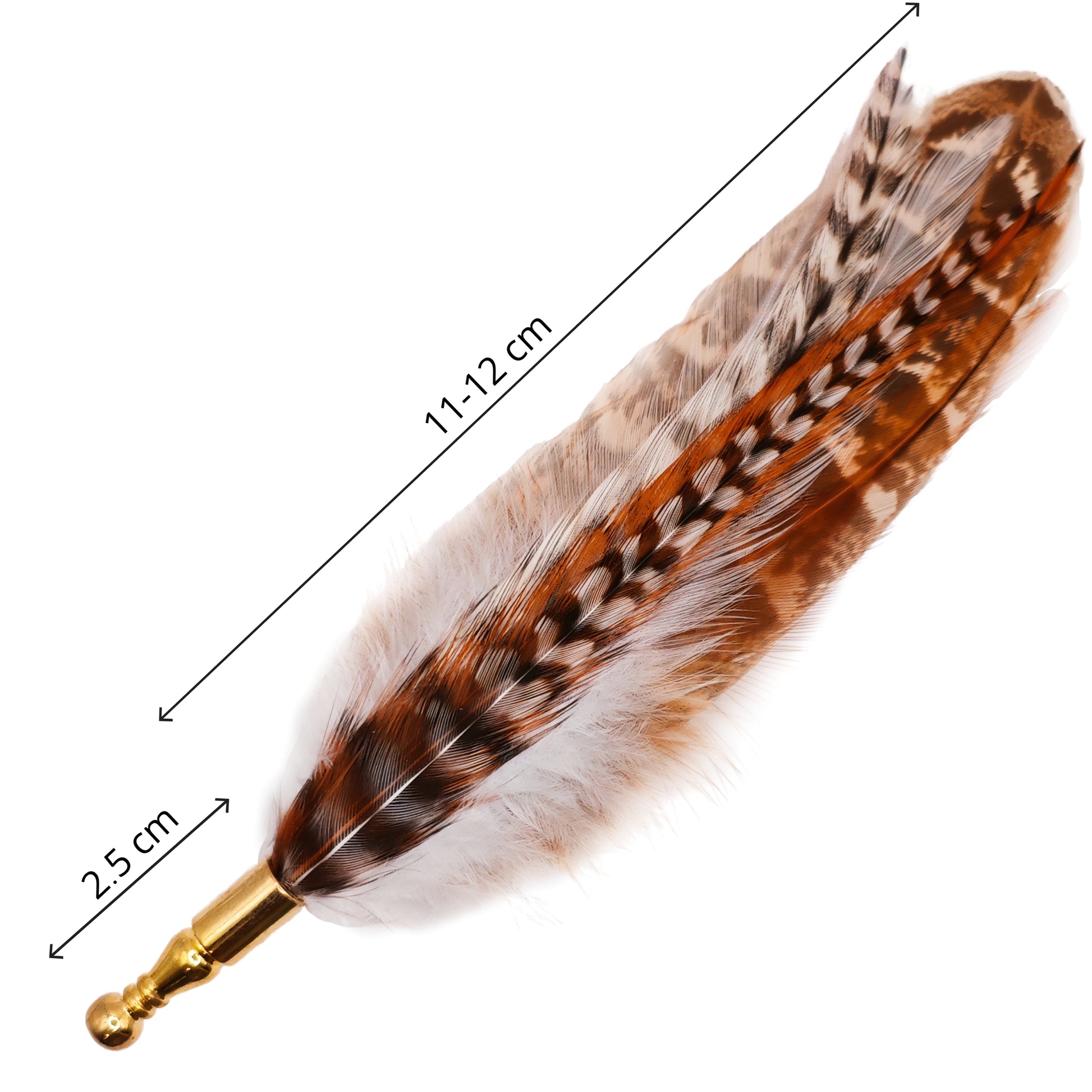 Feather hat pin with measurement details on a white background