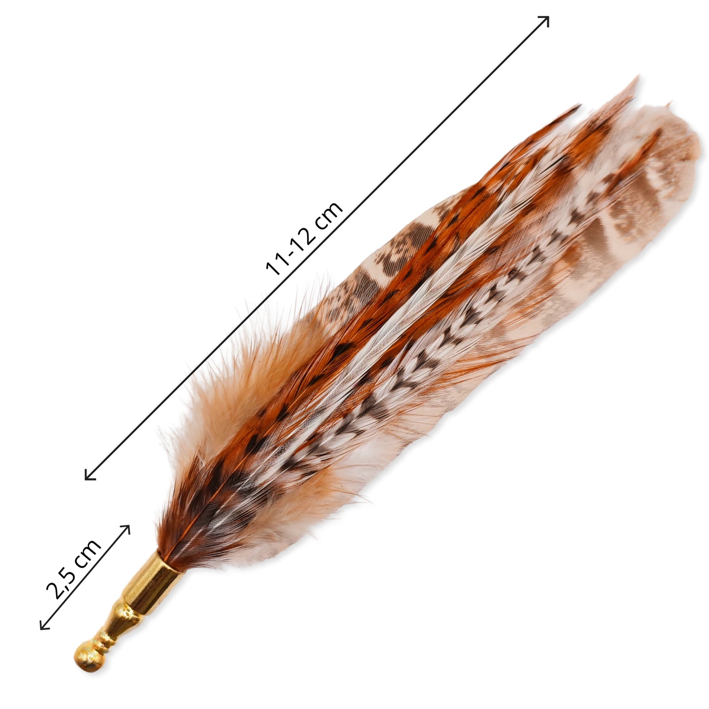 A stripy brown, orange and white feather hat pin with the measurements shown.
