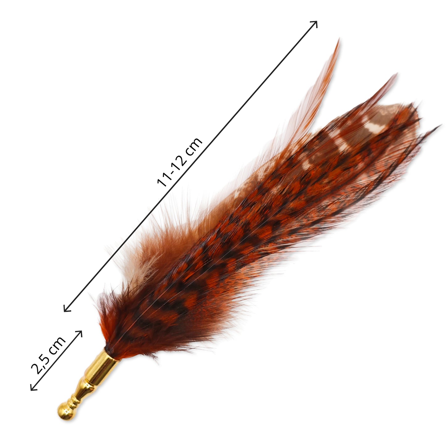 Feather hat pin with the measurements shown