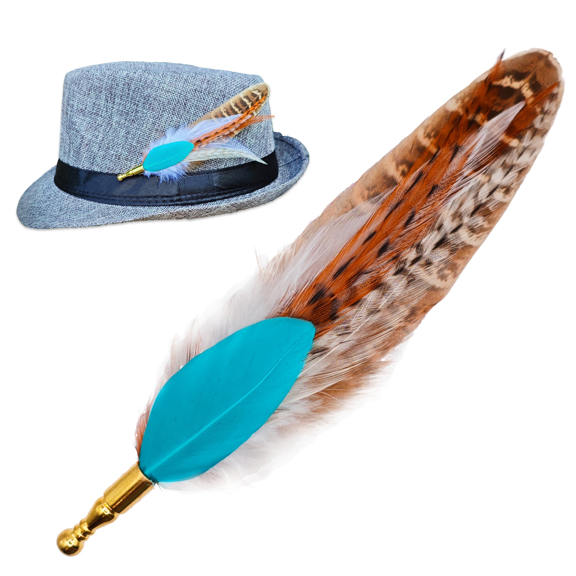 A stripy bright turquoise, orange, white and beige feather hat pin with gold pin.