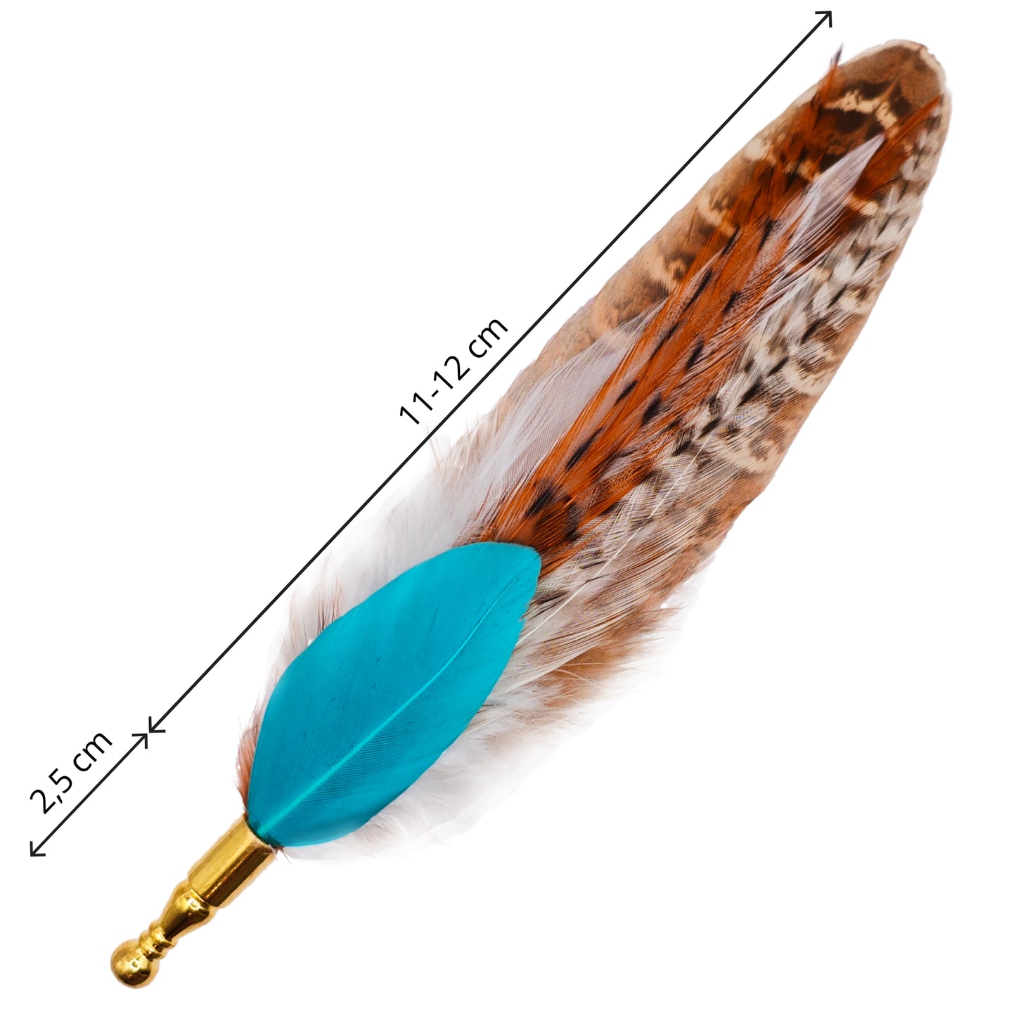 A stripy bright turquoise, orange, white and beige feather hat pin with the measurements shown.