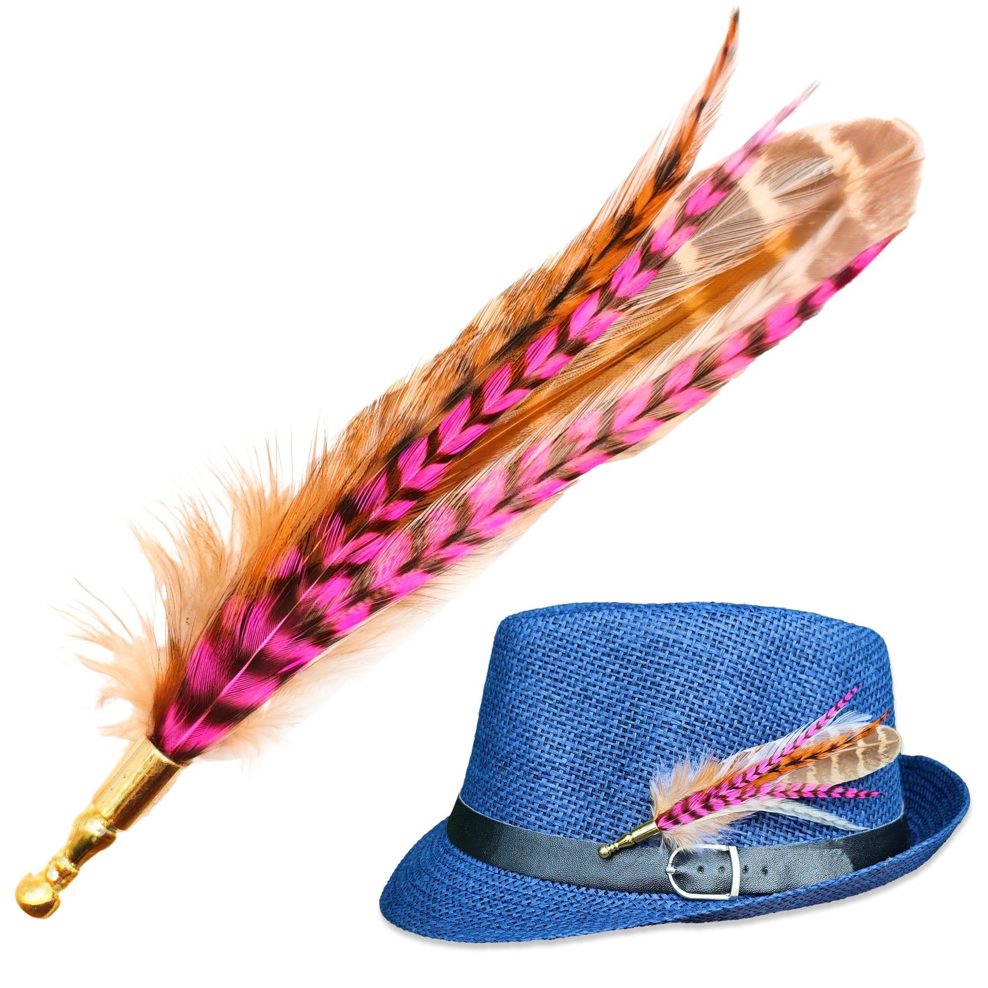 A stripy bright pink, orange, white and beige feather hat pin with gold pin on a blue trilby fedora hat. Cute hippy style. Green leaves in the background.