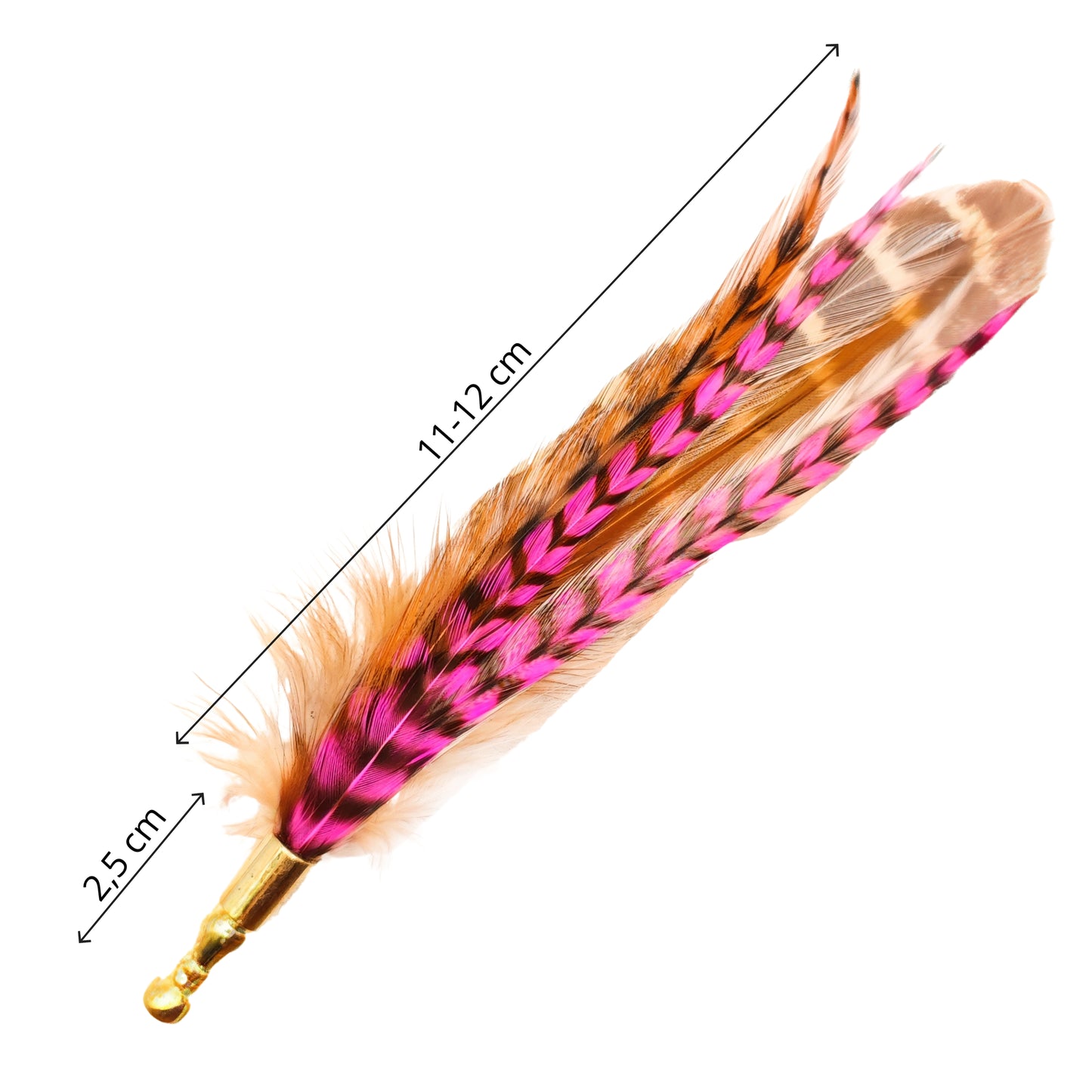Pink and brown feather hat pin with the length measured.