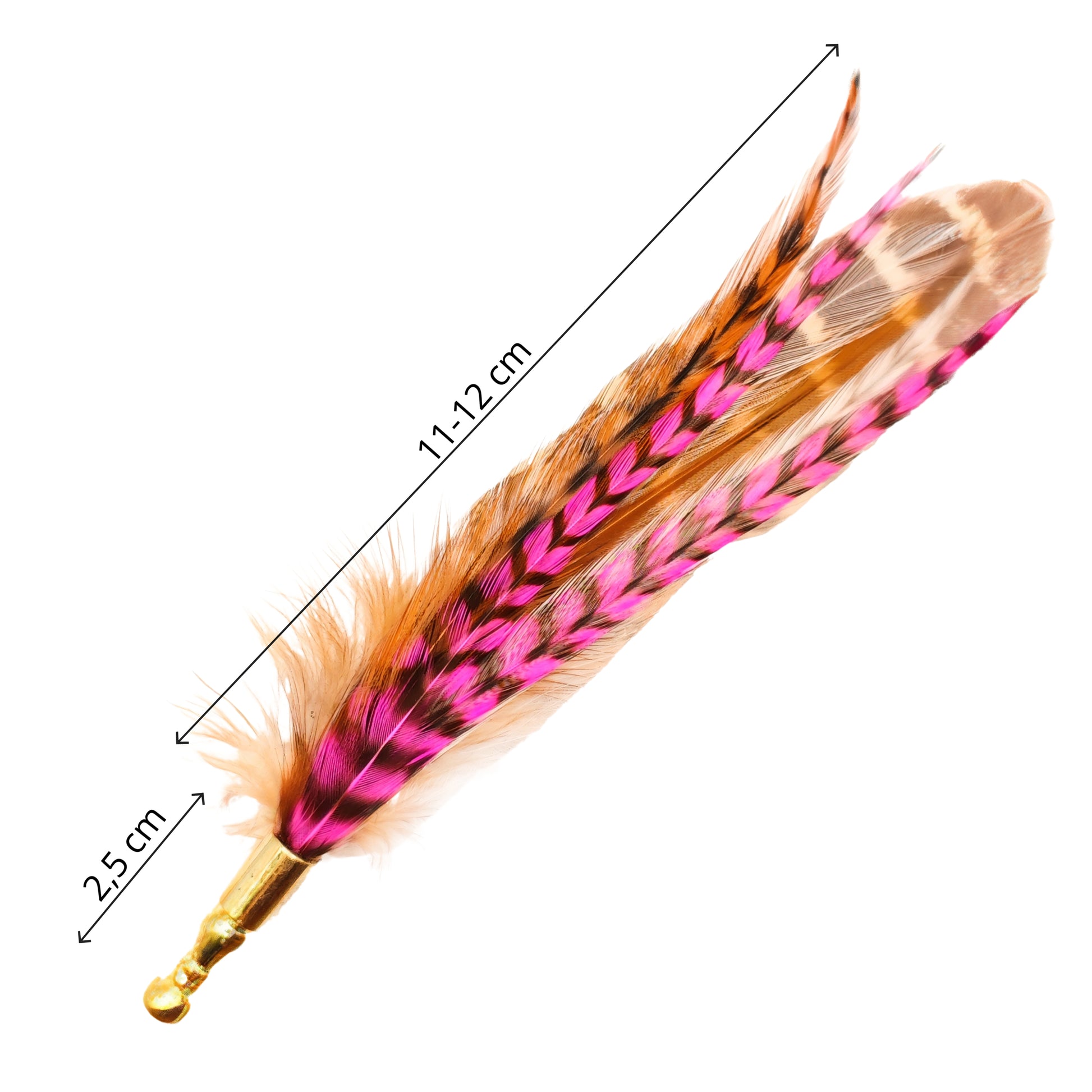 Pink and brown feather hat pin with the length measured.