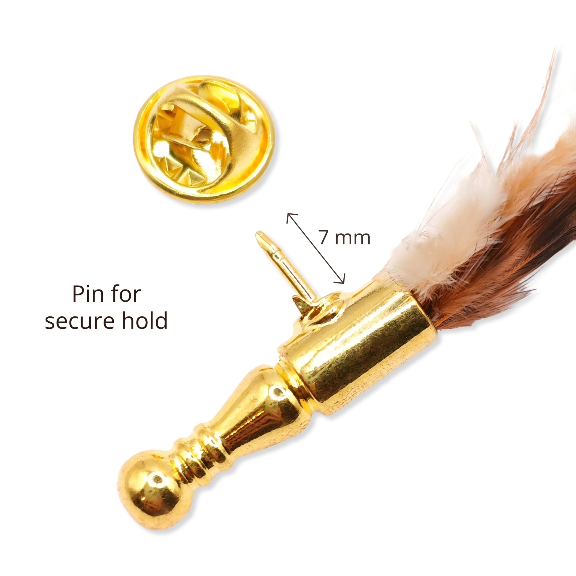 Gold hat pin with feathers and pin mechanism on a white background