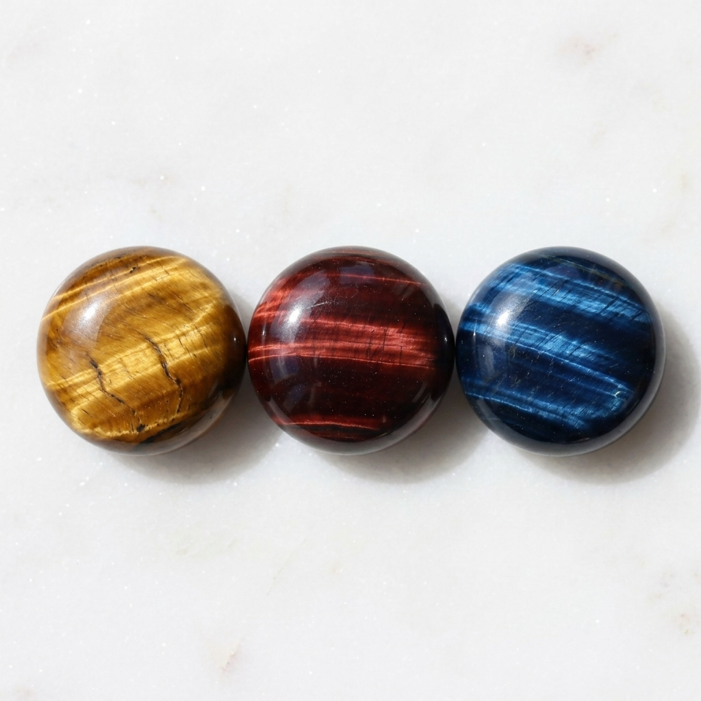 Three Tiger's eye beads, one gold one red and one blue