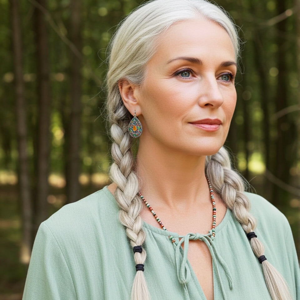 Woman with braided hair and colourful dangle earrings in a forest