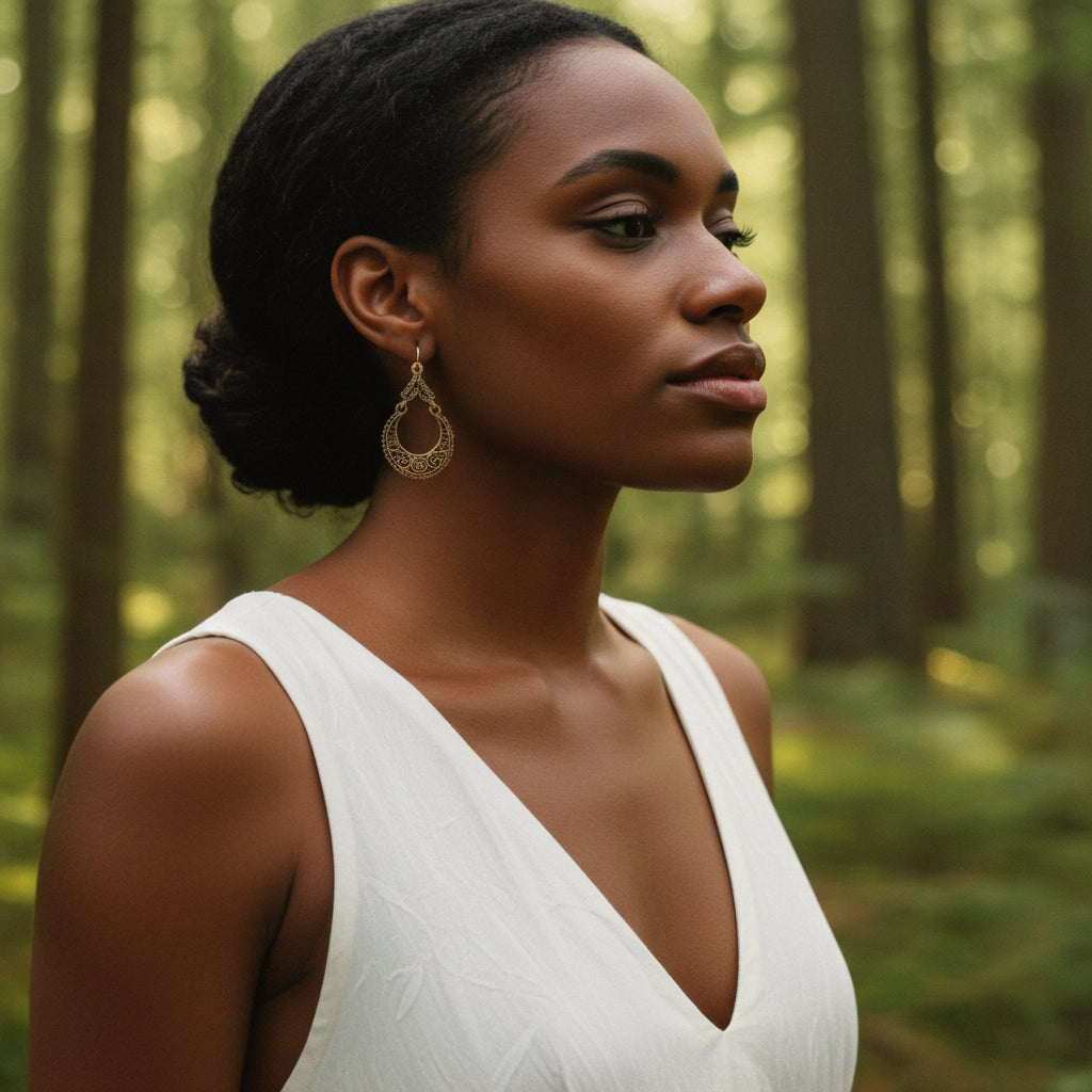 Woman in a white dress with gold bohemian dangle earrings standing in a forest