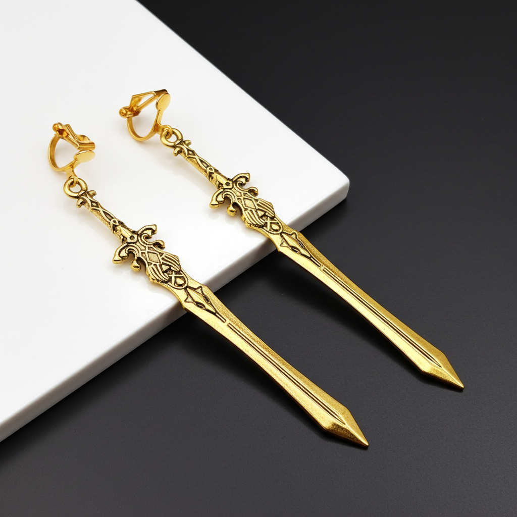 Clip on gold sword-shaped earrings on a dark surface