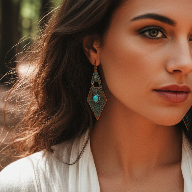 Woman with long dark hair and bohemian dangle earrings standing in a forest
