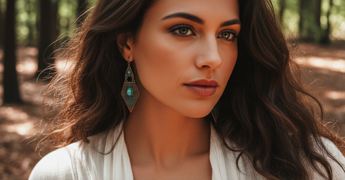 Woman with long dark hair and bohemian dangle earrings standing in a forest