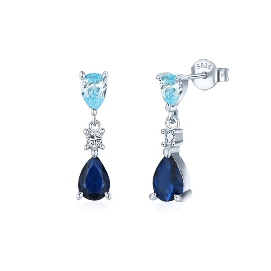 Pair of 925 silver stud earrings with blue gemstones on a white background