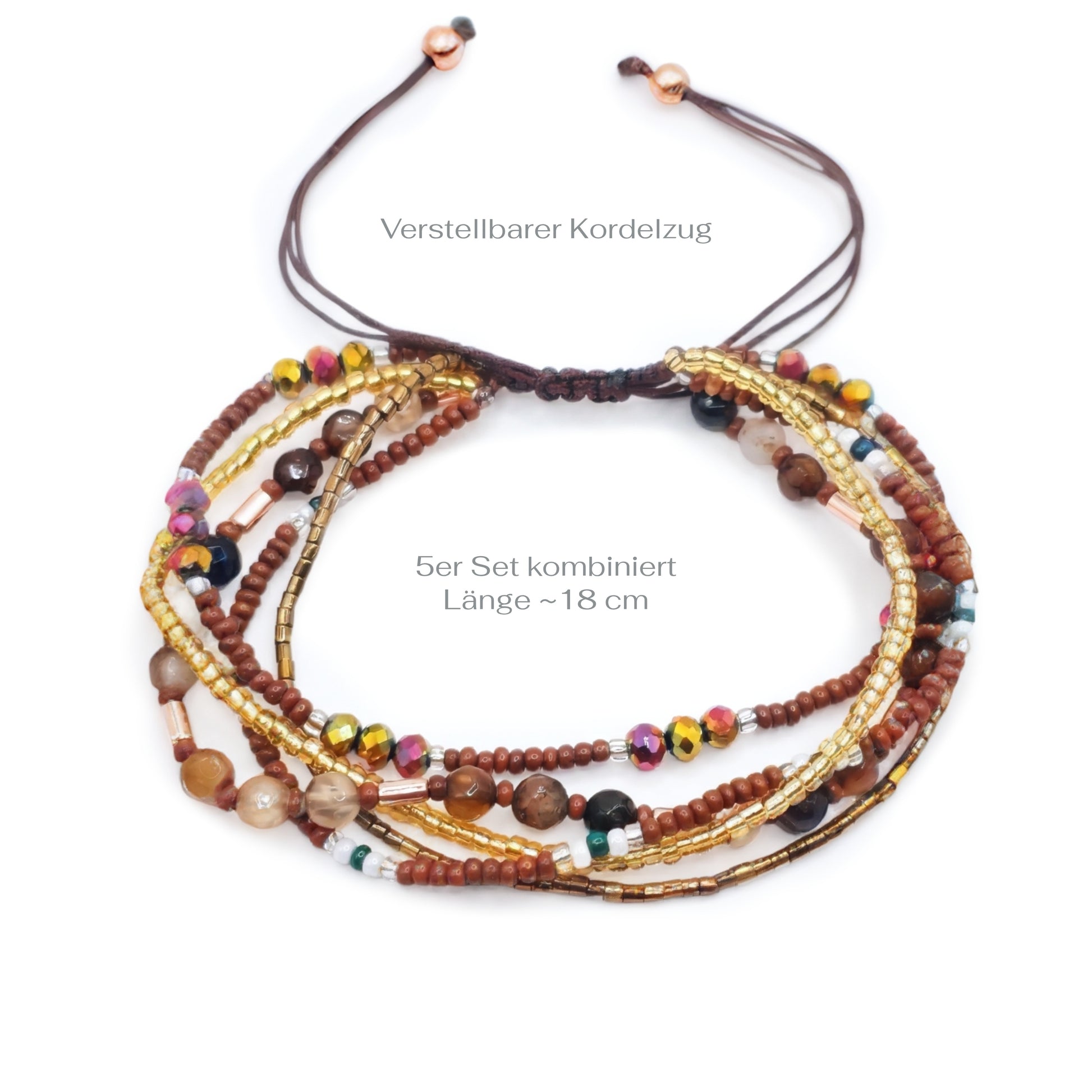 A multiple bead bracelet with gold and brown beads on a white background with measurements