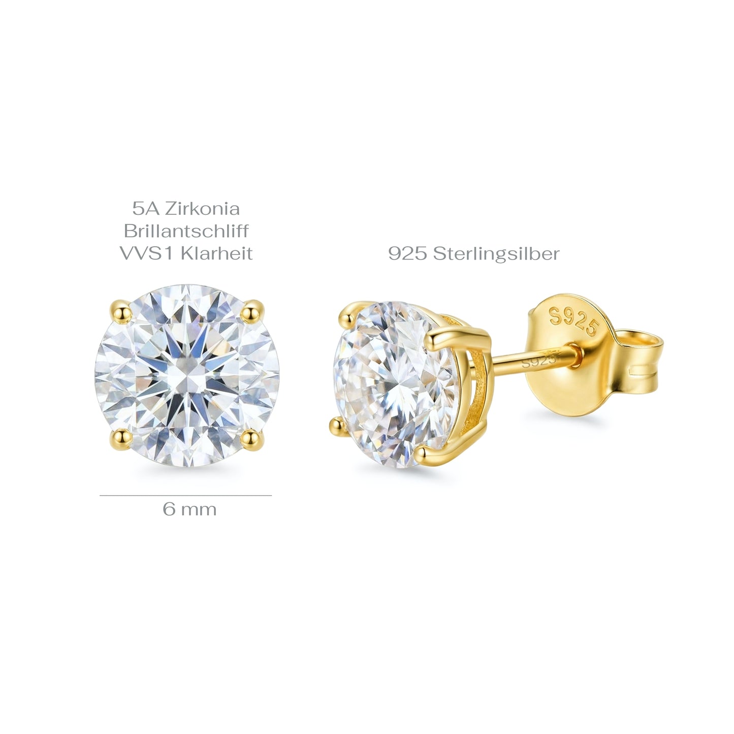 Gold stud earrings with clear gemstones on a white background with measurements