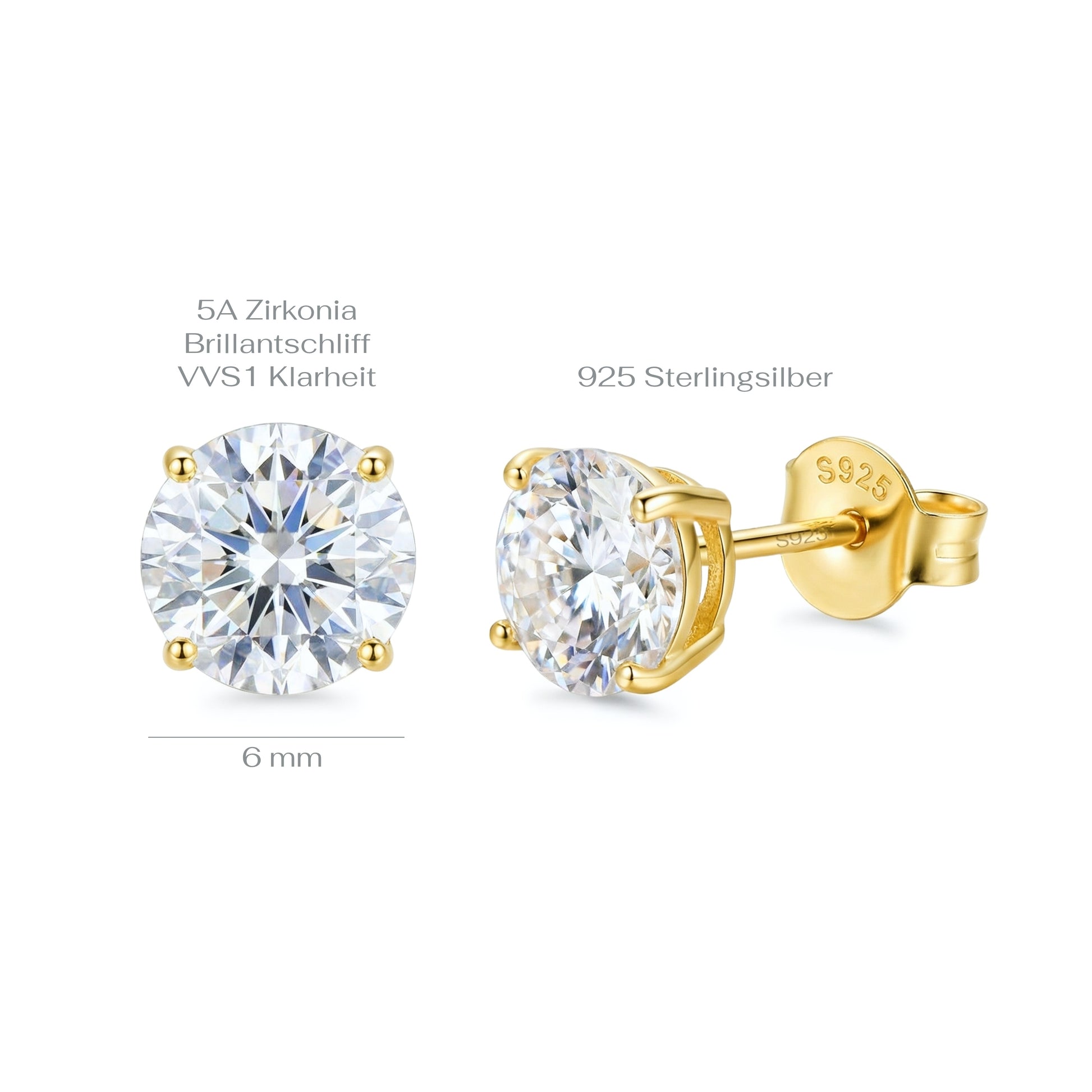 Gold stud earrings with clear gemstones on a white background with measurements