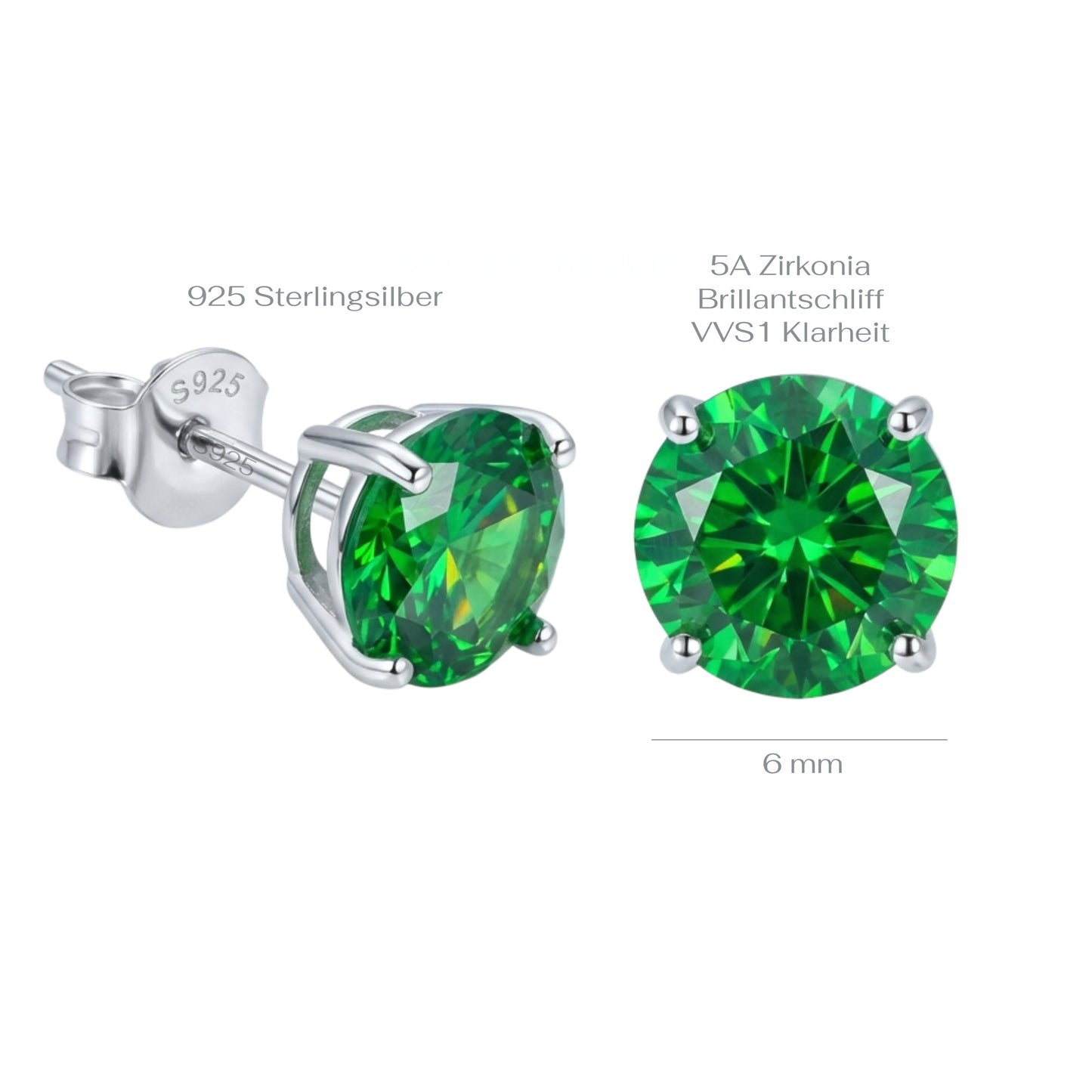 Green gemstone stud earrings with silver setting on a white background with measurements