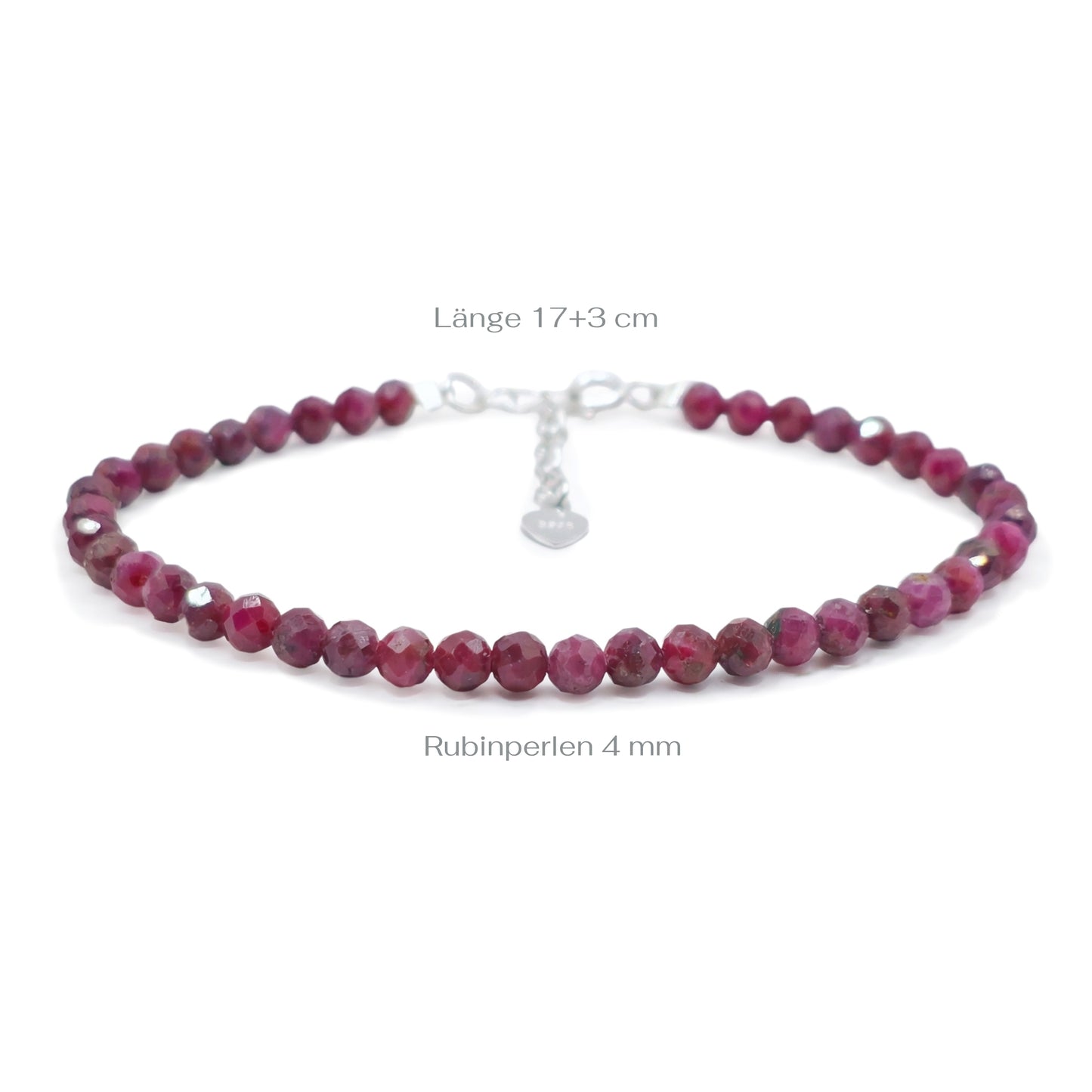 Beaded bracelet with red ruby beads on a white background with measurements