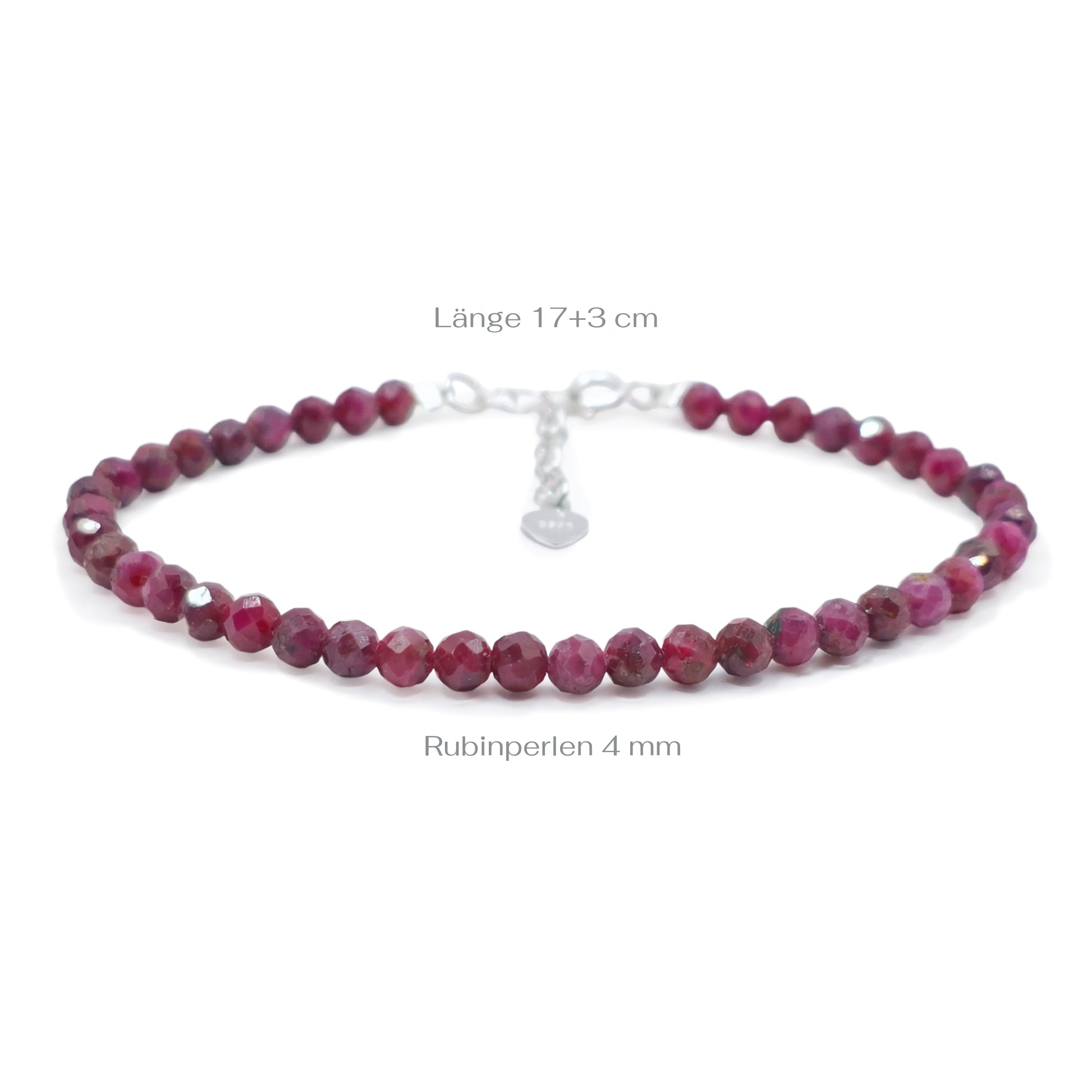 Beaded bracelet with red ruby beads on a white background with measurements