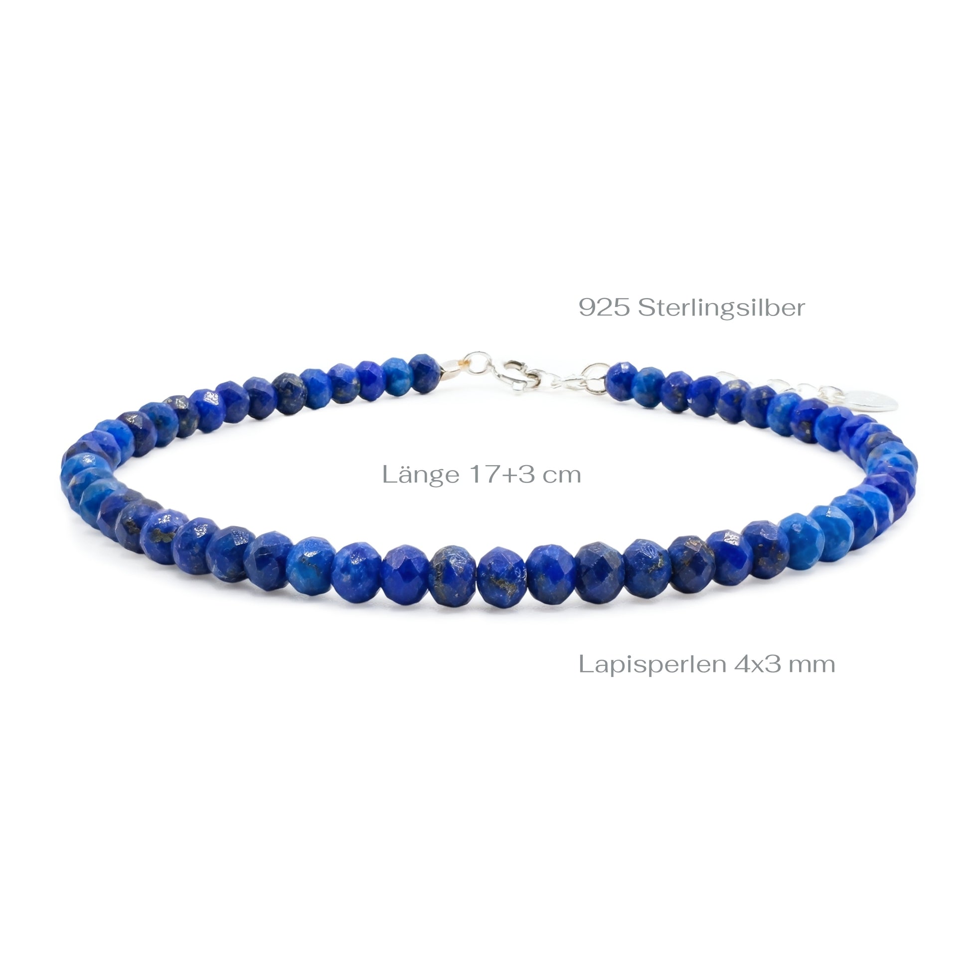 Blue lapis lazuli beaded bracelet with 925 silver clasp on a white background with measurements