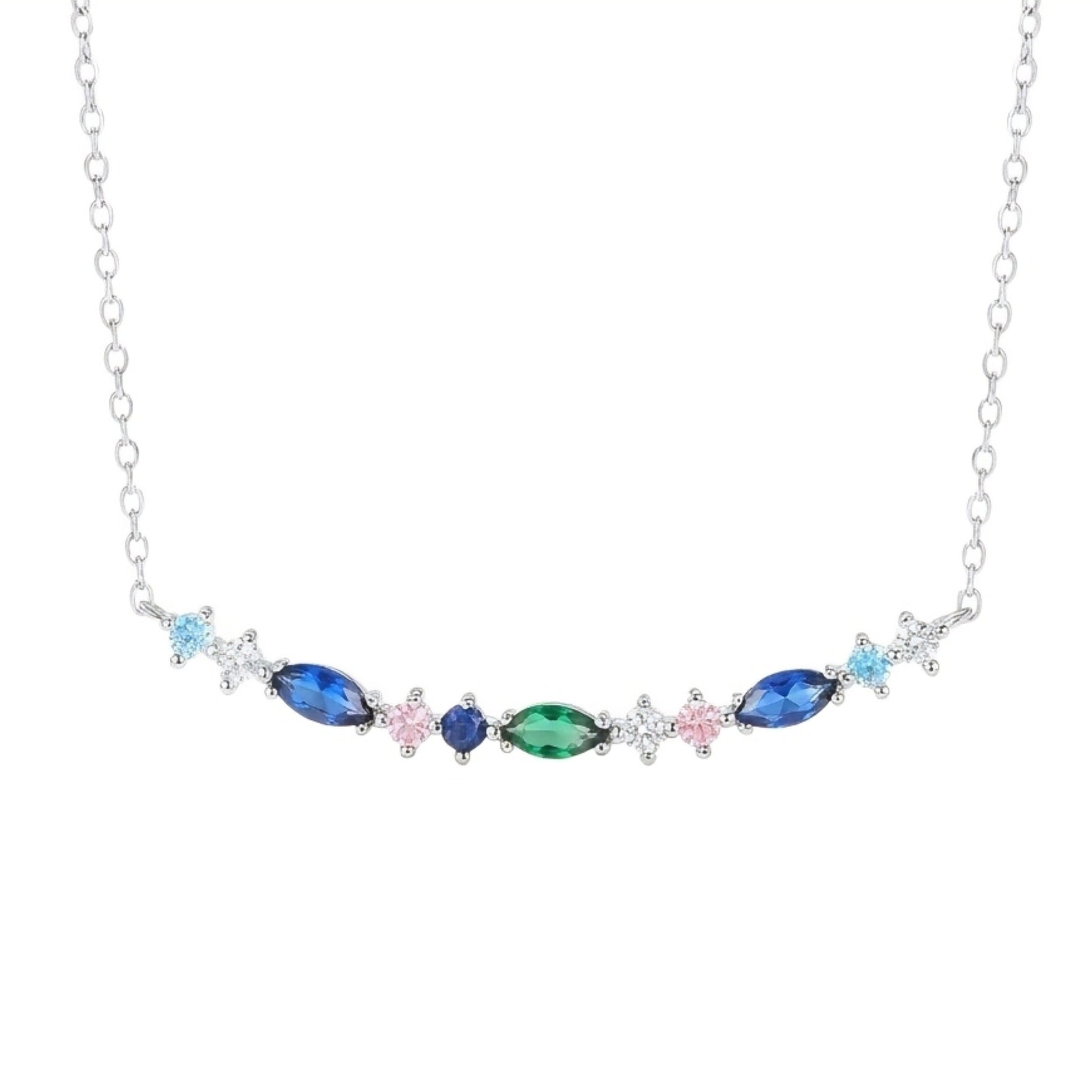 Sterling silver bar necklace with multicolored gemstones on a white background