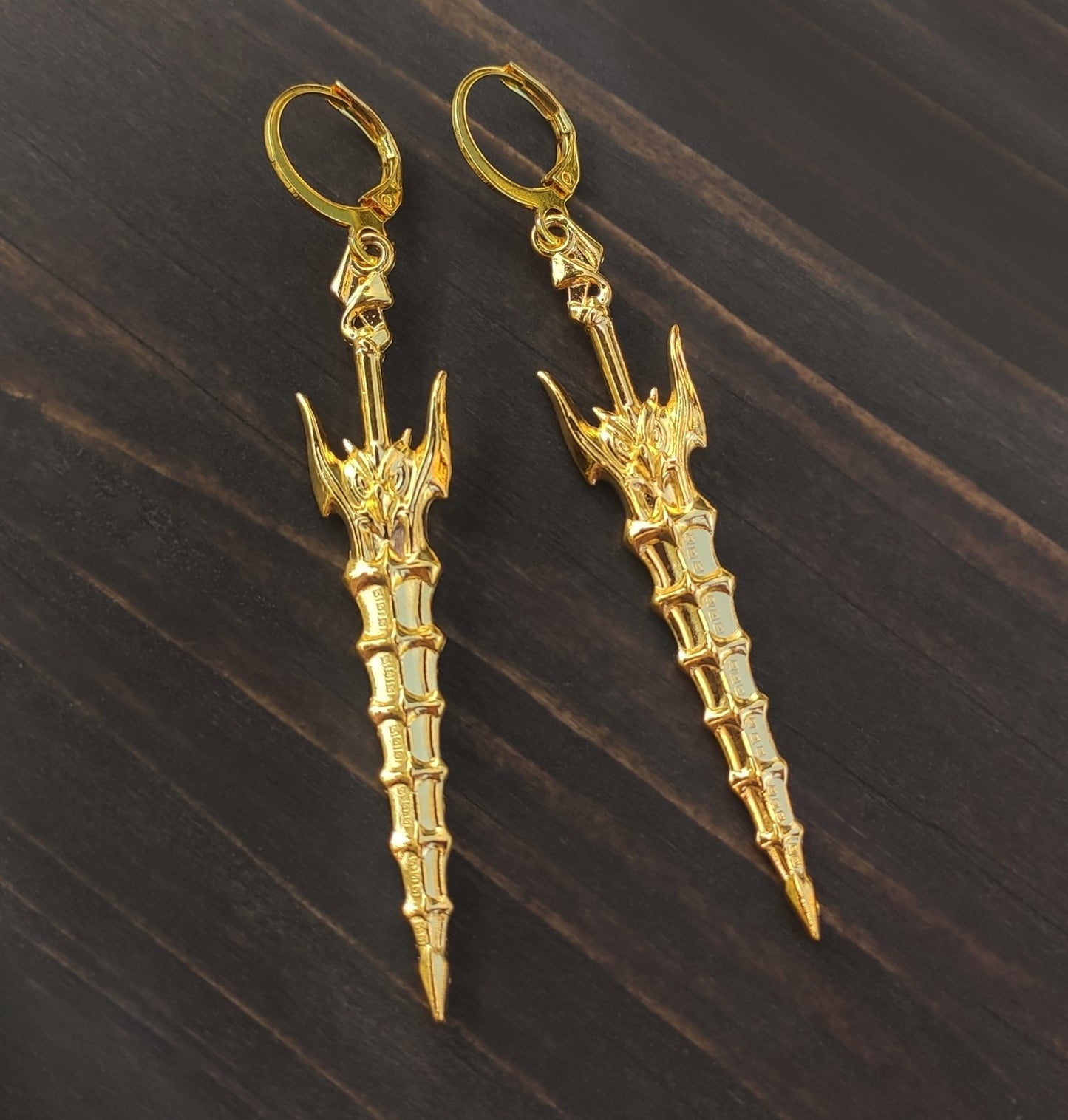 6cm Spiky gold sword earrings with hoops, Handmade fantasy jewelry, Cool gift idea