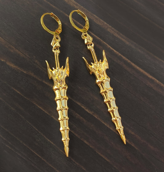 6cm Spiky gold sword earrings with hoops, Handmade fantasy jewelry, Cool gift idea