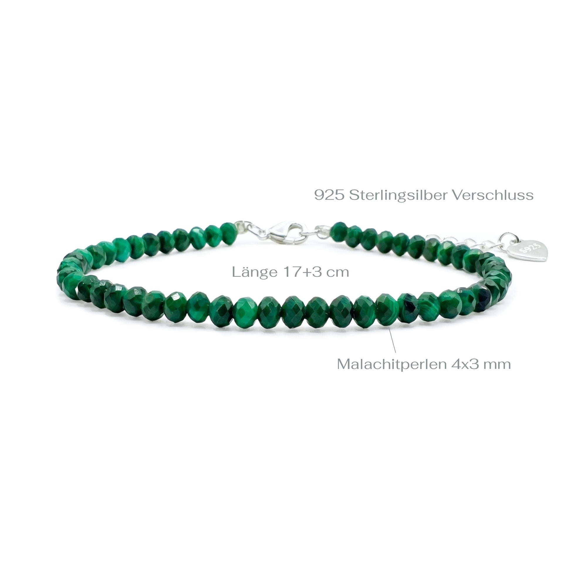 Natural green malachite bead bracelet with a 925 silver clasp on a white background with measurements